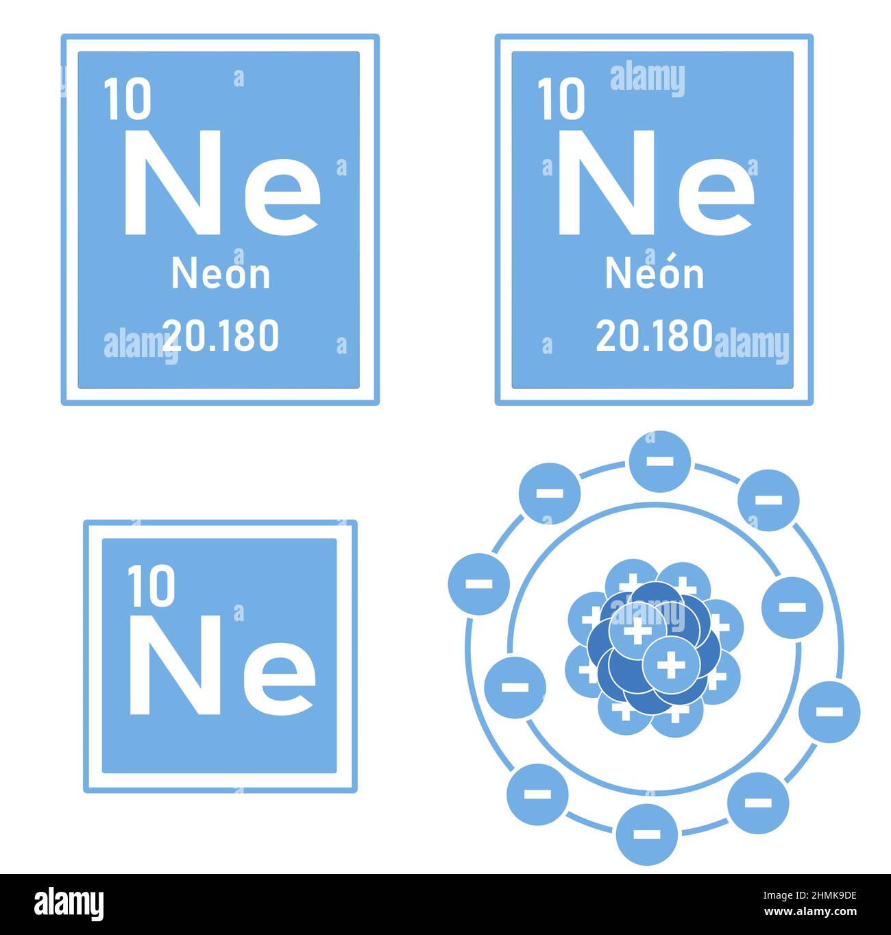 Icon of the element neon of the periodic table with representation of its atom Stock Photo