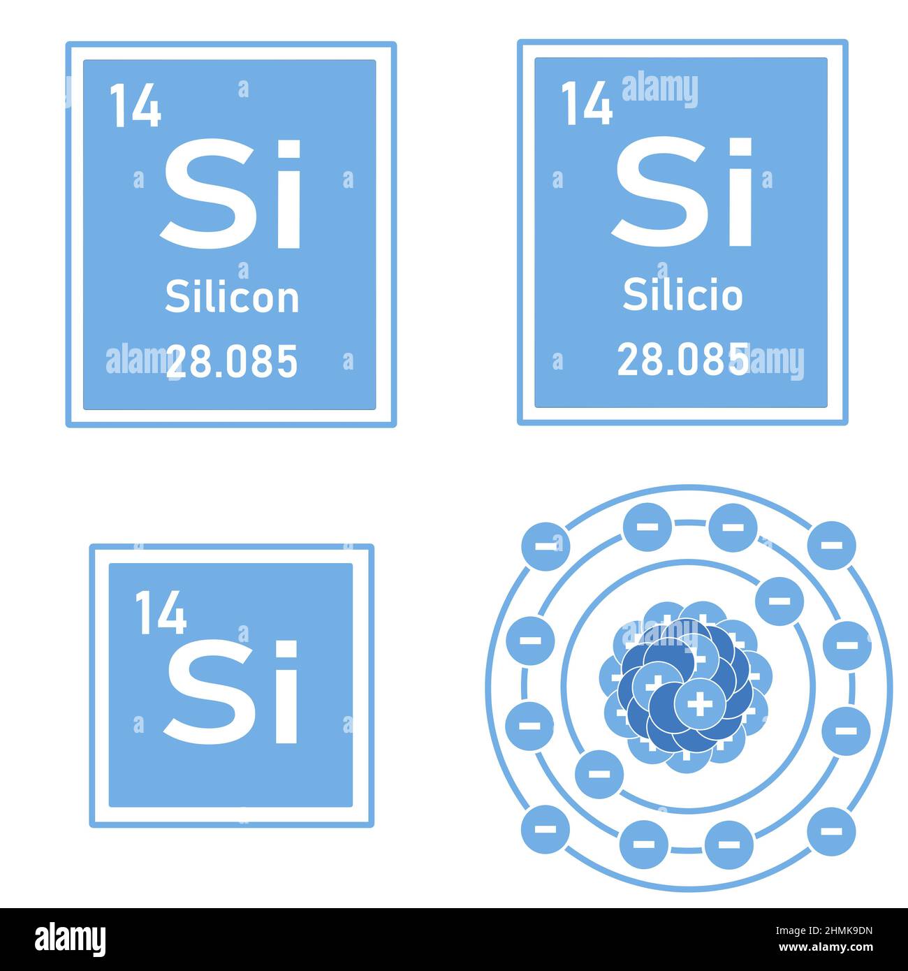 Icon of the element silicon of the periodic table with representation of its atom Stock Photo