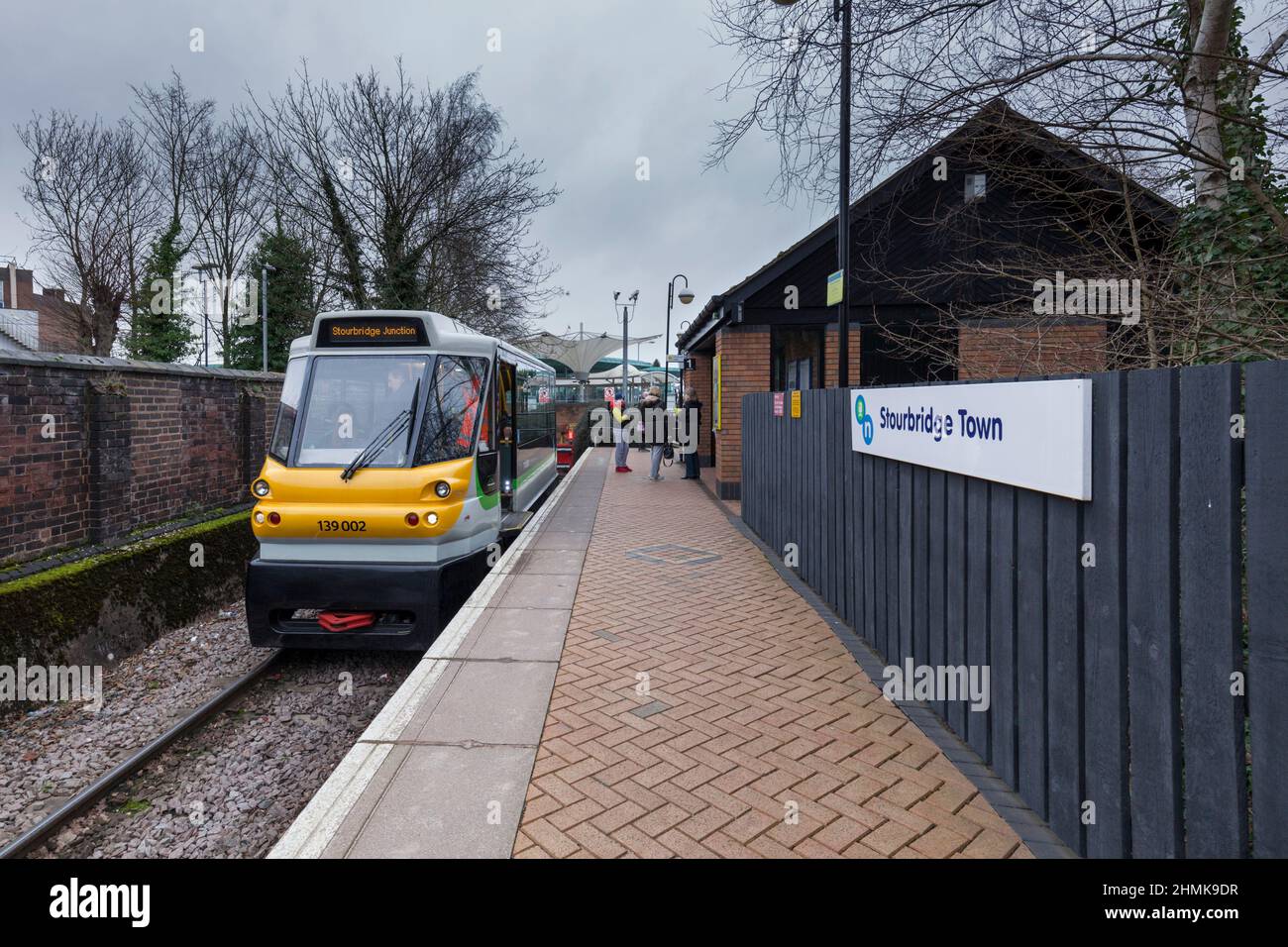 Ultra light rail Parry people mover waits at Stourbridge town with a shuttle to Stourbridge junction Stock Photo
