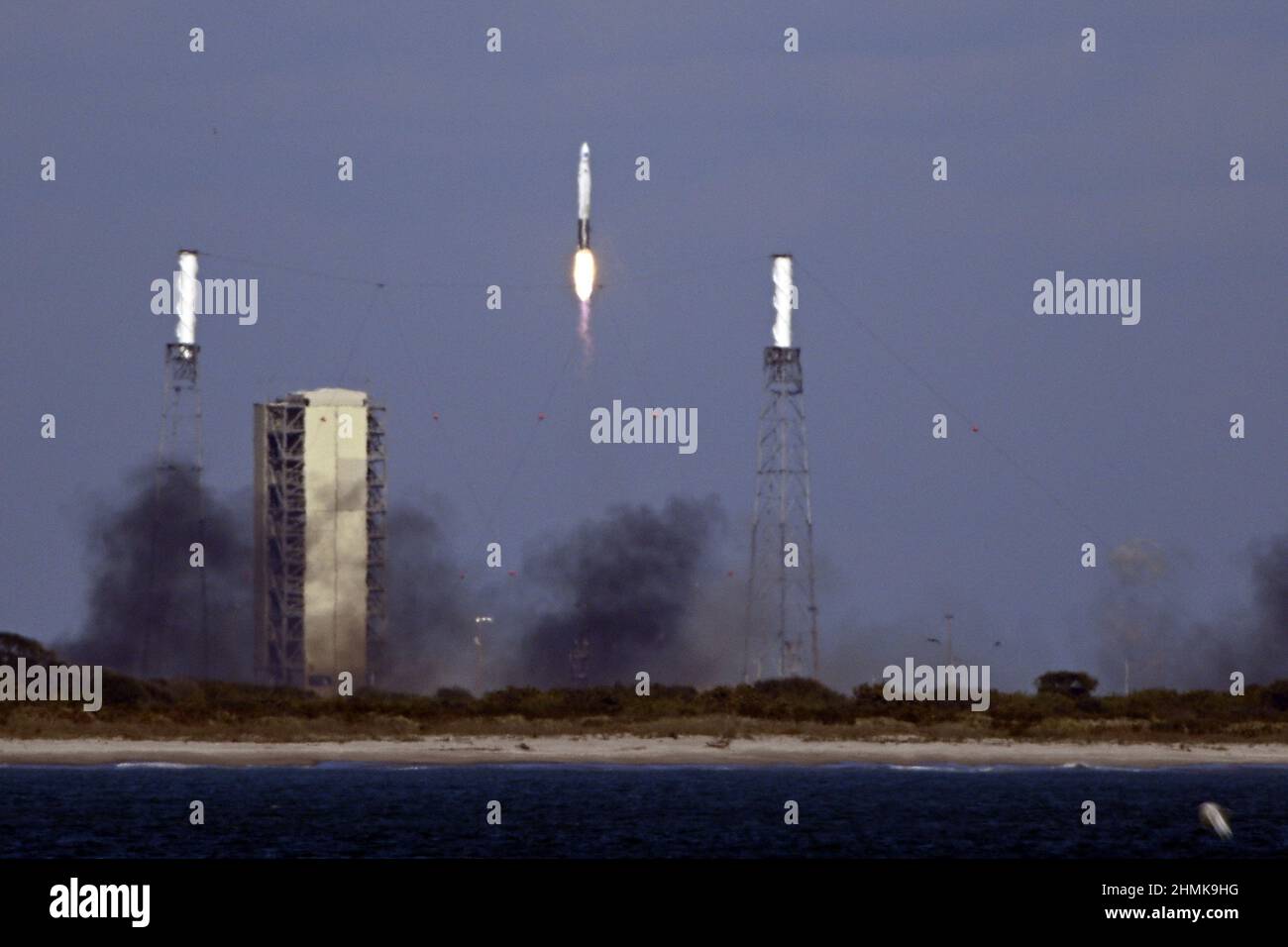 An Astra rocket launches on its first flight from Complex 46 at the Cape Canaveral Space Force Station, Florida on Thursday, February 10, 2022. The vehicle is designed to carry smaller payloads for the Space Industry and Universities sponsored by NASA's Venture Class Launch Services Program. The mission failed when the second stage did not separate from the first, causing a total loss of the payload. Photo by Joe Marino/UPI Credit: UPI/Alamy Live News Stock Photo