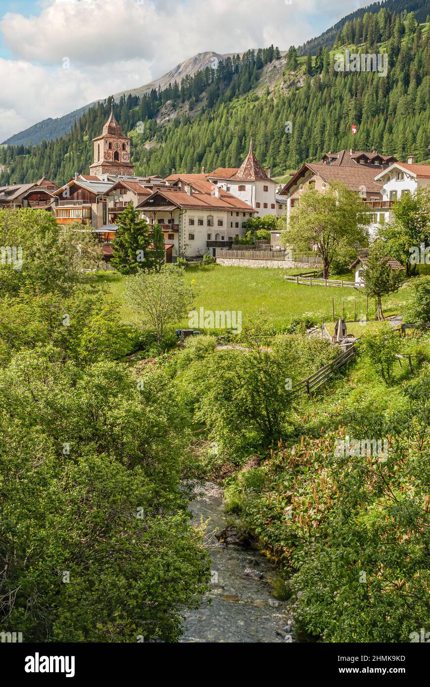 Village Berguen at the Albula Valley in summer, Grisons, Switzerland Stock Photo