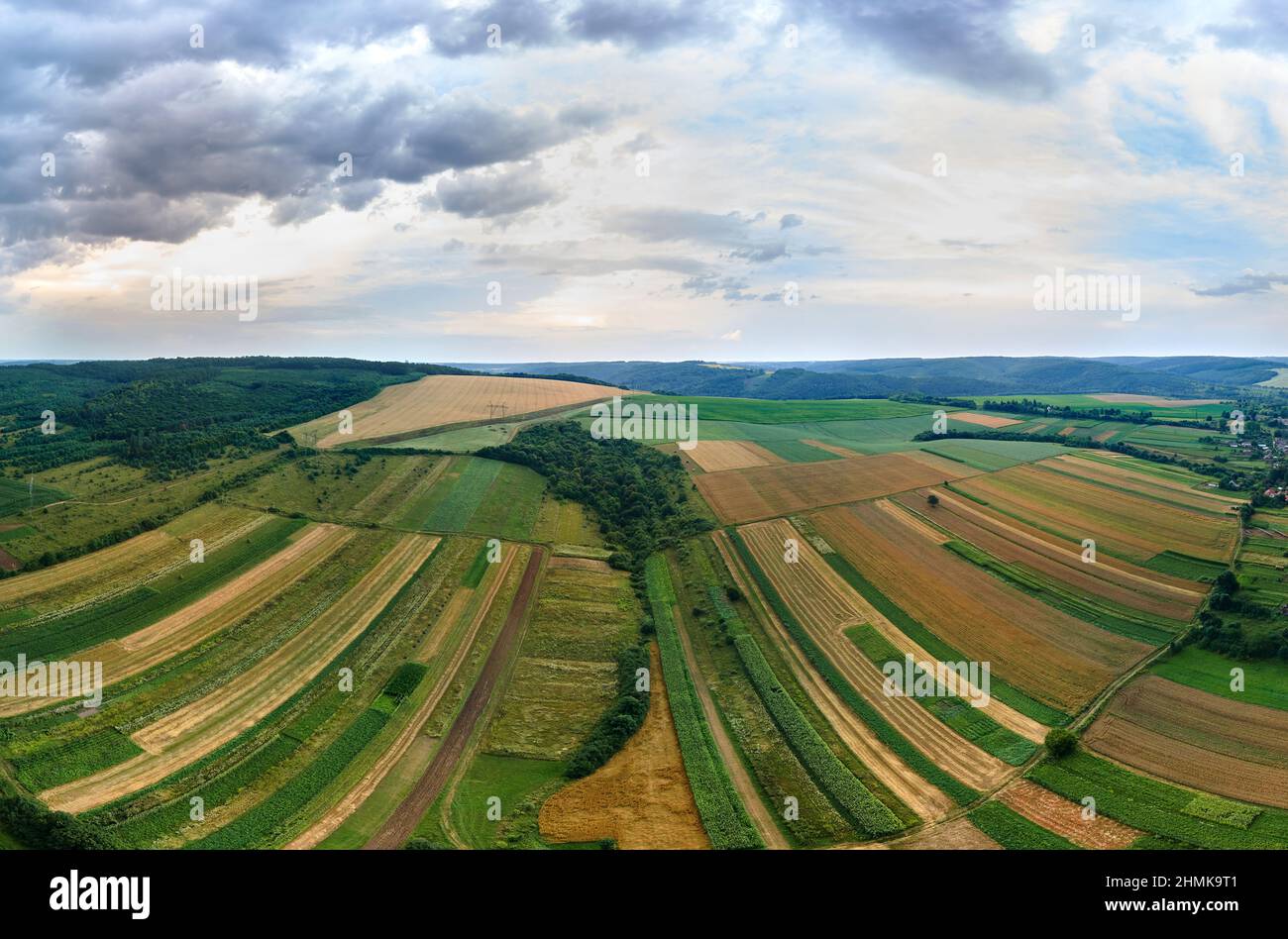 Aerial landscape view of green cultivated agricultural fields with ...
