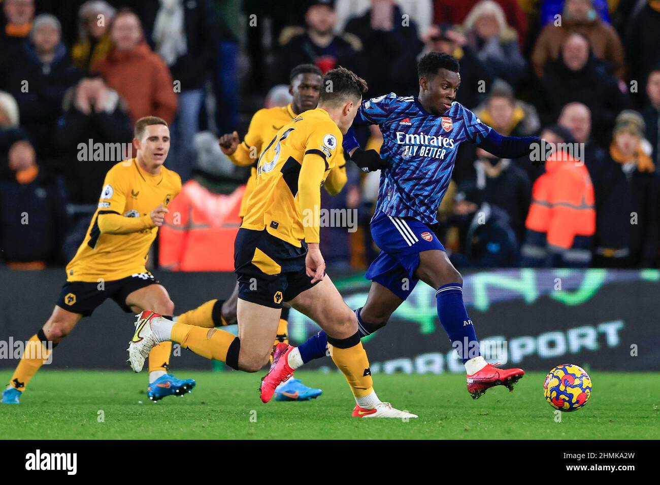 Wolverhampton, UK. 10th Feb, 2022. Eddie Nketiah #30 of Arsenal runs with the ball in Wolverhampton, United Kingdom on 2/10/2022. (Photo by Conor Molloy/News Images/Sipa USA) Credit: Sipa USA/Alamy Live News Stock Photo