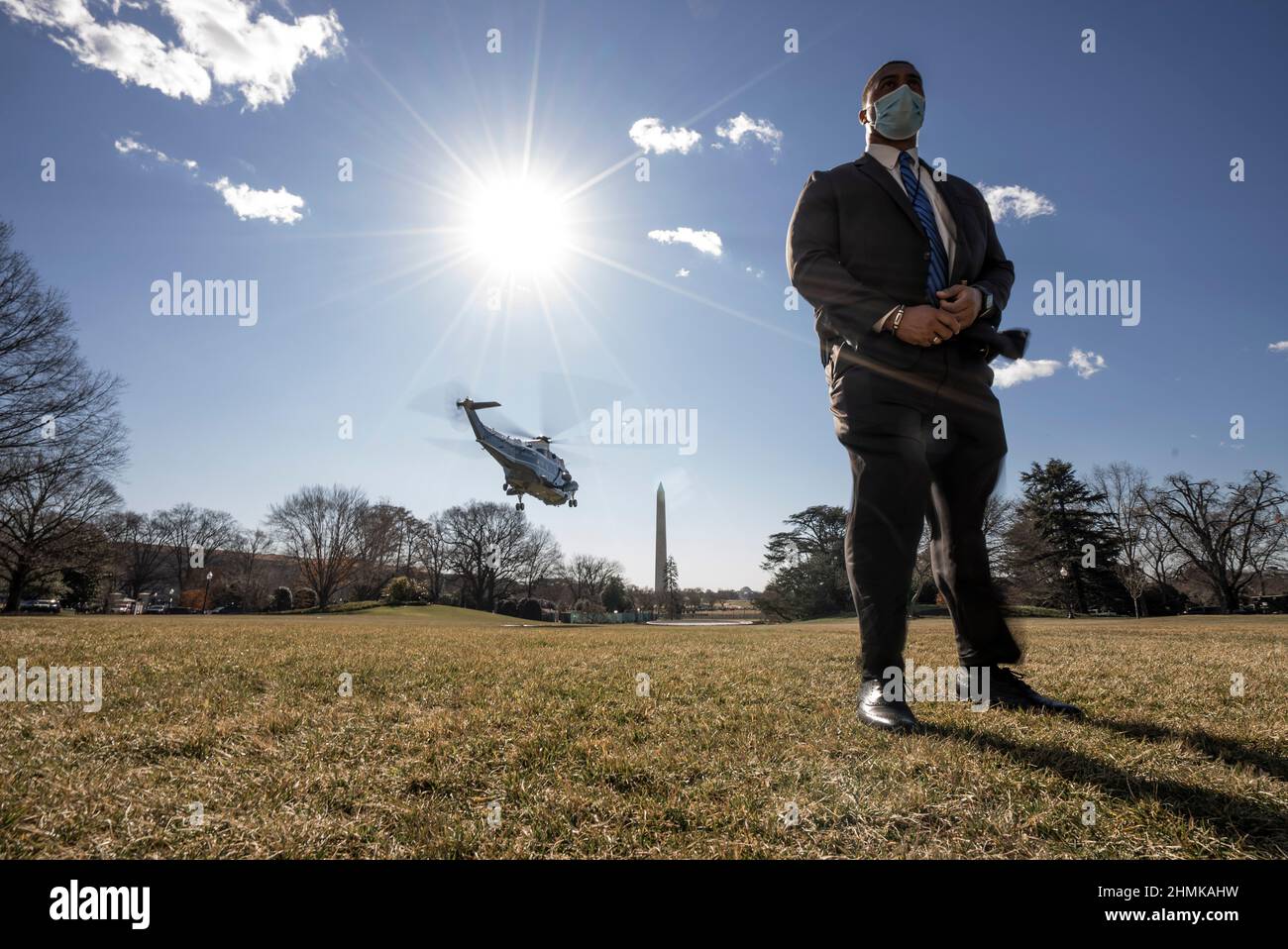 Marine One carrying the US President Joe Biden departs the White House en route to Culpeper Regional Airport in Virginia from the South Lawn at the White House in Washington, DC, U.S., February 10, 2021. Biden will deliver remarks highlighting the Biden-Harris Administrations work to lower health care costs, including prescription drug costs, for American families. Credit: Ken Cedeno/Pool via CNP Stock Photo