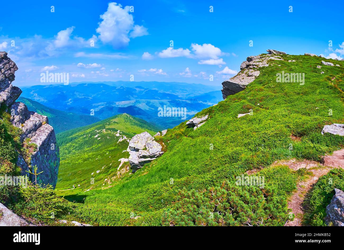 Enjoy the landscape from the slope of the  Mount Eared Stone, Chornohora Mountain Range, Carpathians, Ukraine Stock Photo