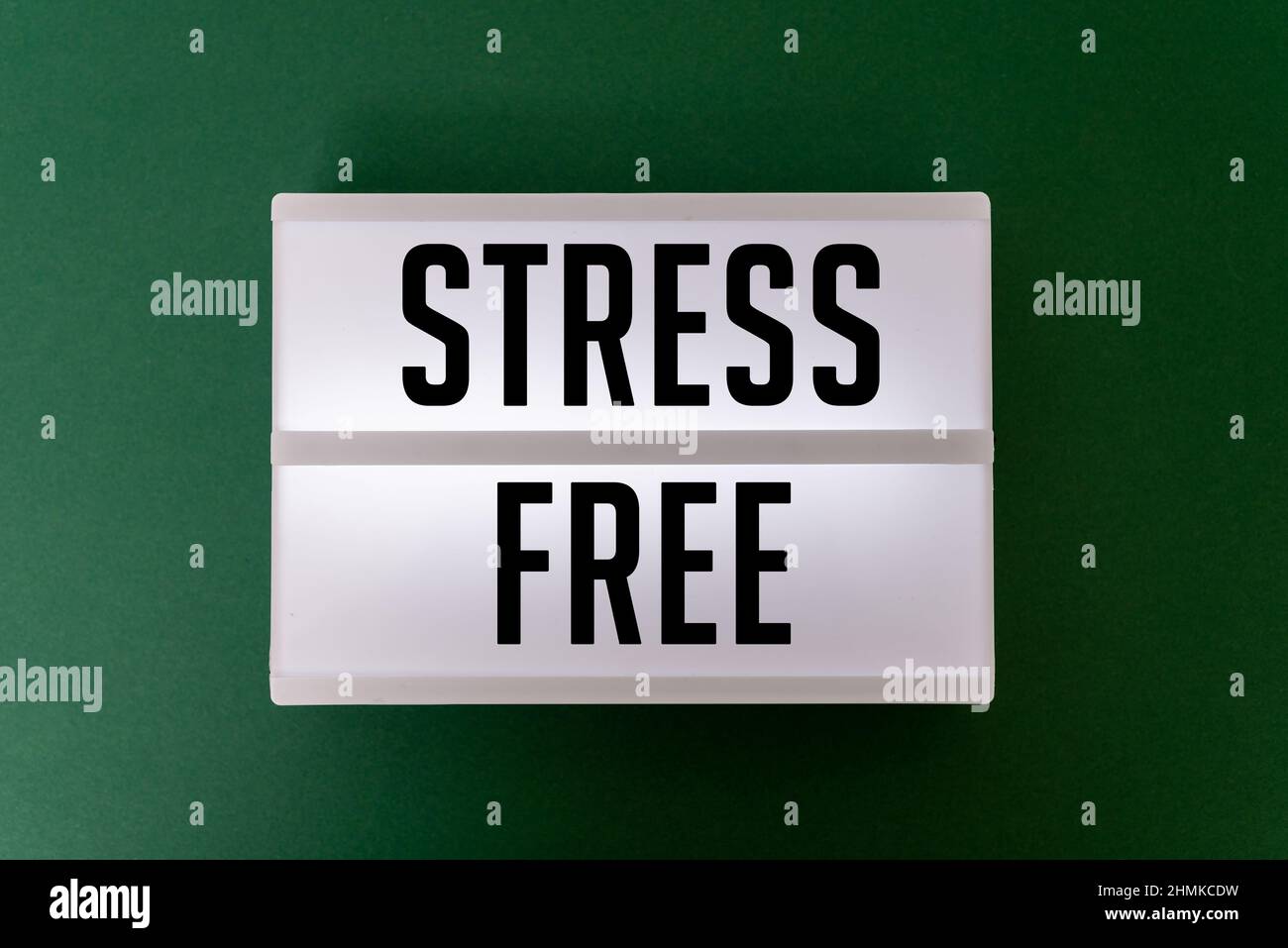 Stress free text on white box with green background Stock Photo