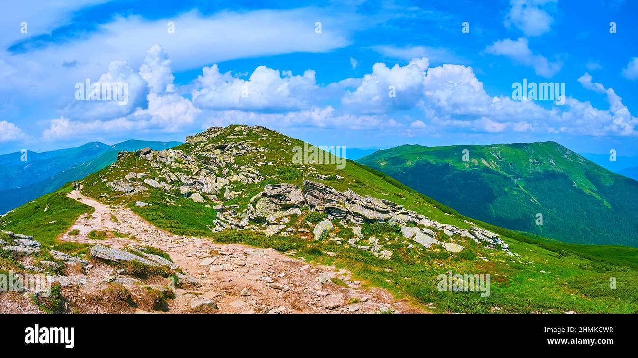 Enjoy the summer hike in Chornohora Mountain Range with a view of the slope of Mount Pip Ivan and the Mount Smotrych in the background, Carpathians, U Stock Photo