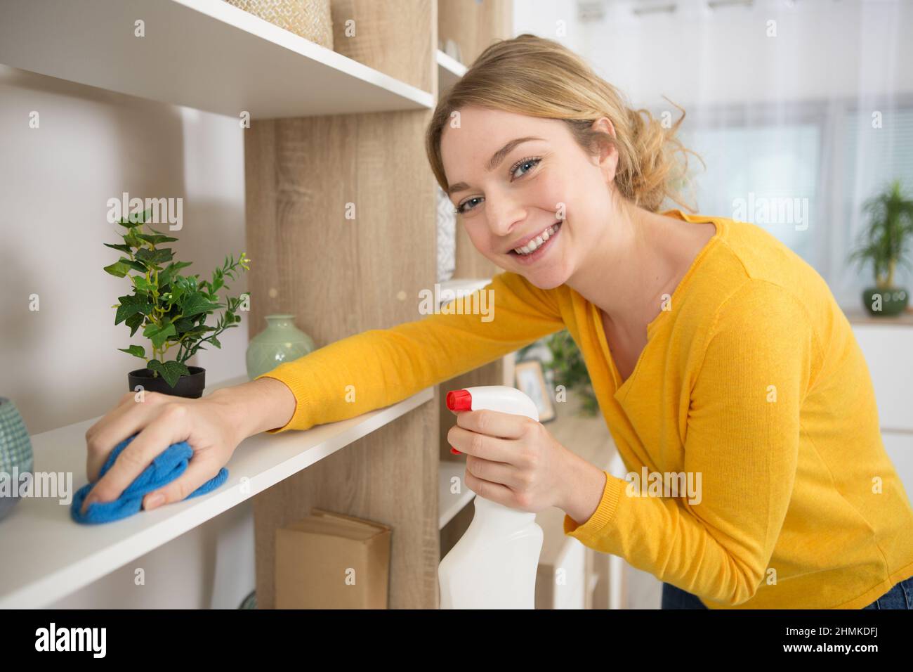 a woman is dusting the shelves Stock Photo Alamy