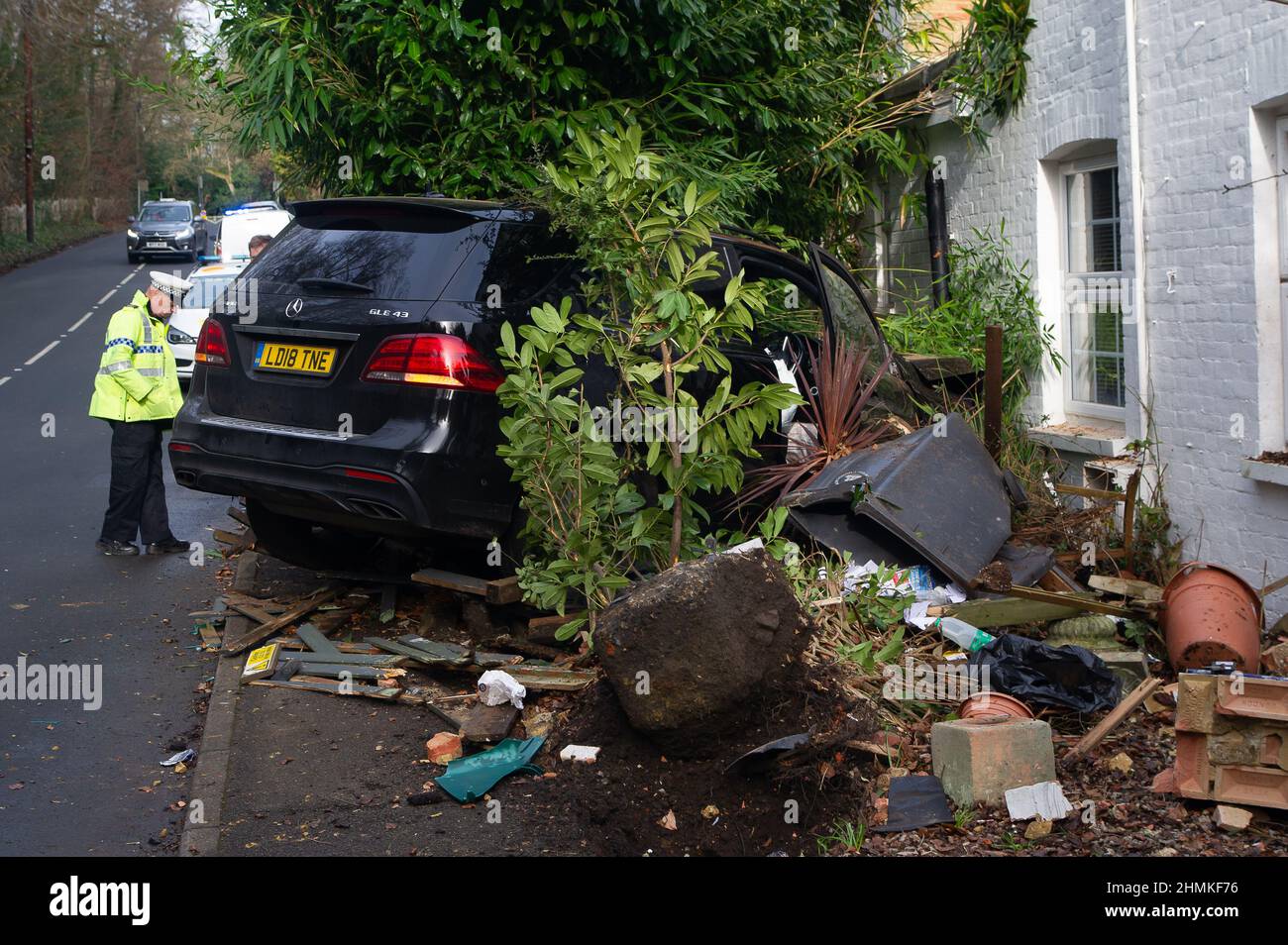 Windlesham, Surrey, UK. 10th February, 2022. A Mercedes smashed into