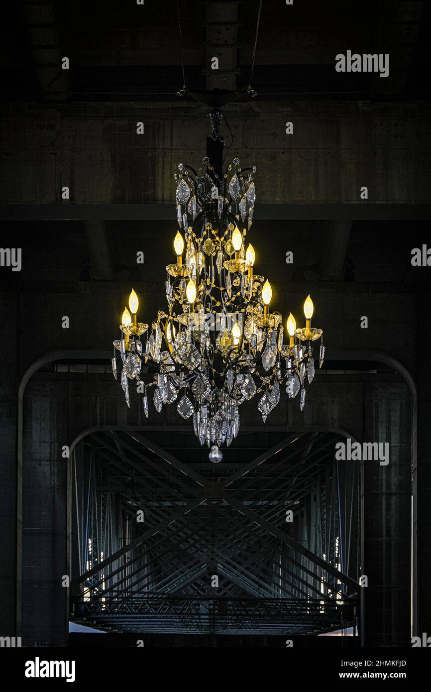 Spinning Chandelier, designed by artist Rodney Graham, hanging