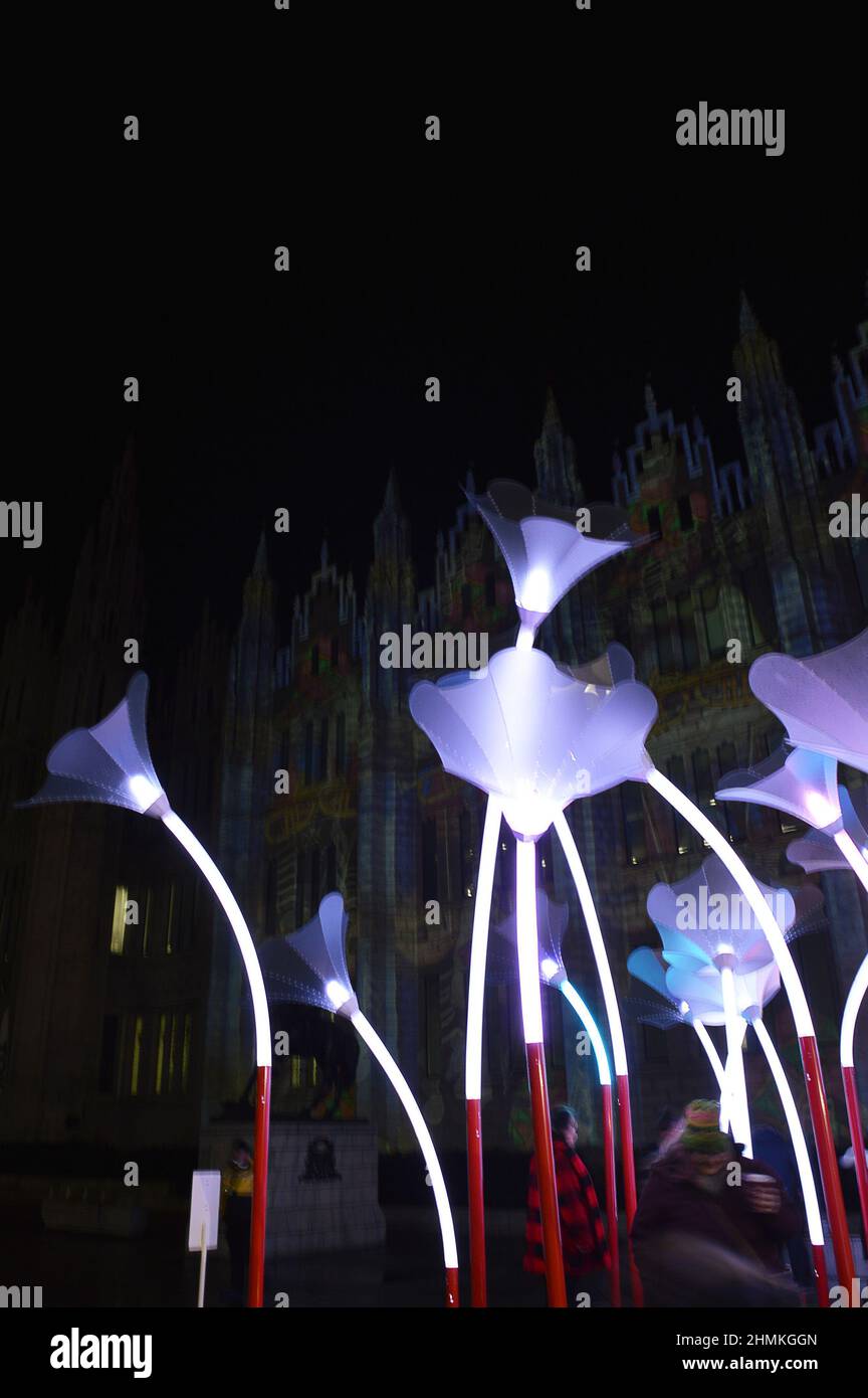ABERDEEN, SCOTLAND - 10 FEBRUARY 2022: Scottish premiere of Trumpet Flowers by amigo & amigo where participants can make their own music by jumping around the giant musical garden in front of Marischal College as part of the Spectra festival. 10-13 February, 2022. Stock Photo