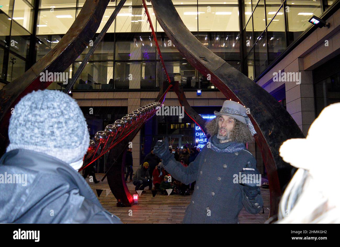 ABERDEEN, SCOTLAND - 10 FEBRUARY 2022: Travelling Light Circus’s Pendulum Wave Machine in Marischal Square  as part of the Spectra festival, 10-13 February, 2022. Stock Photo