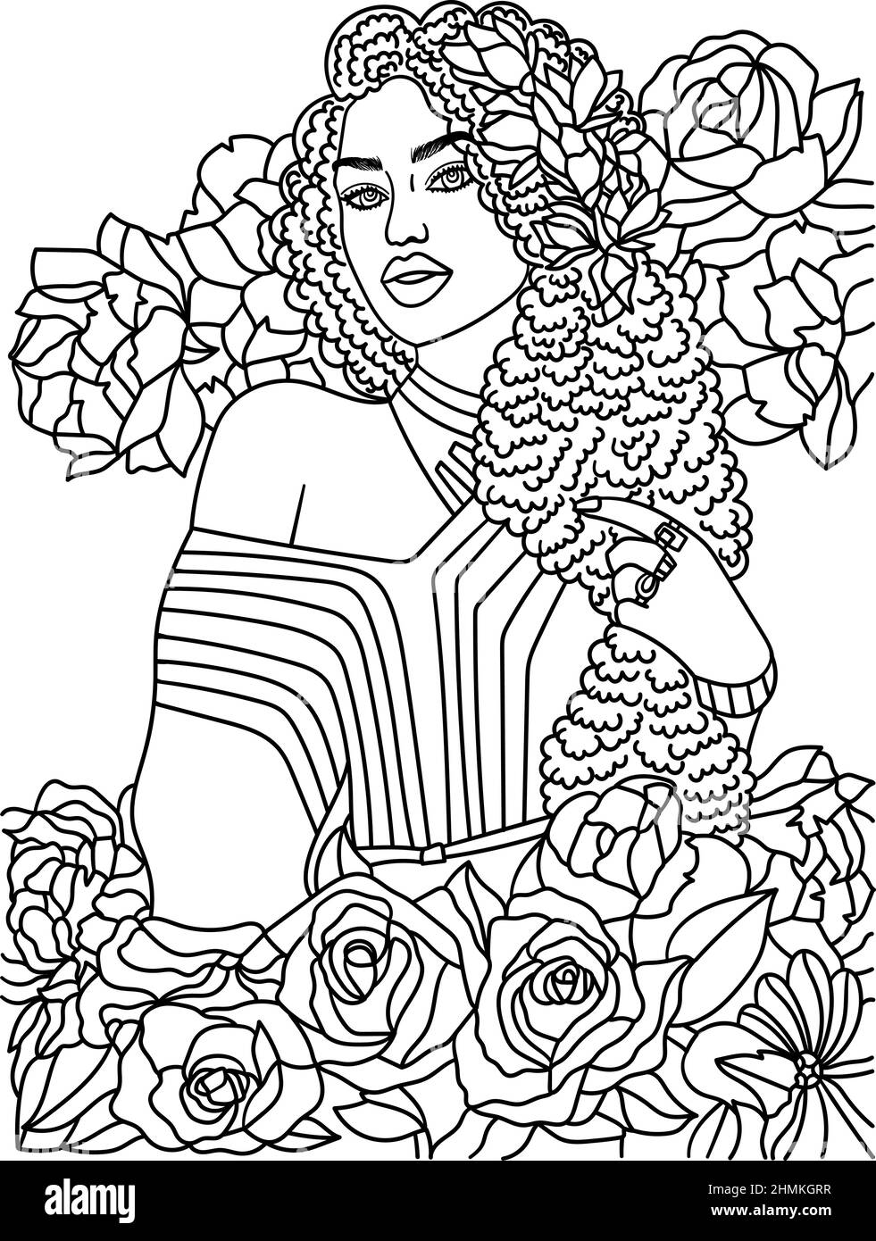 African American Flower Girl Adult Coloring Page  Stock Vector