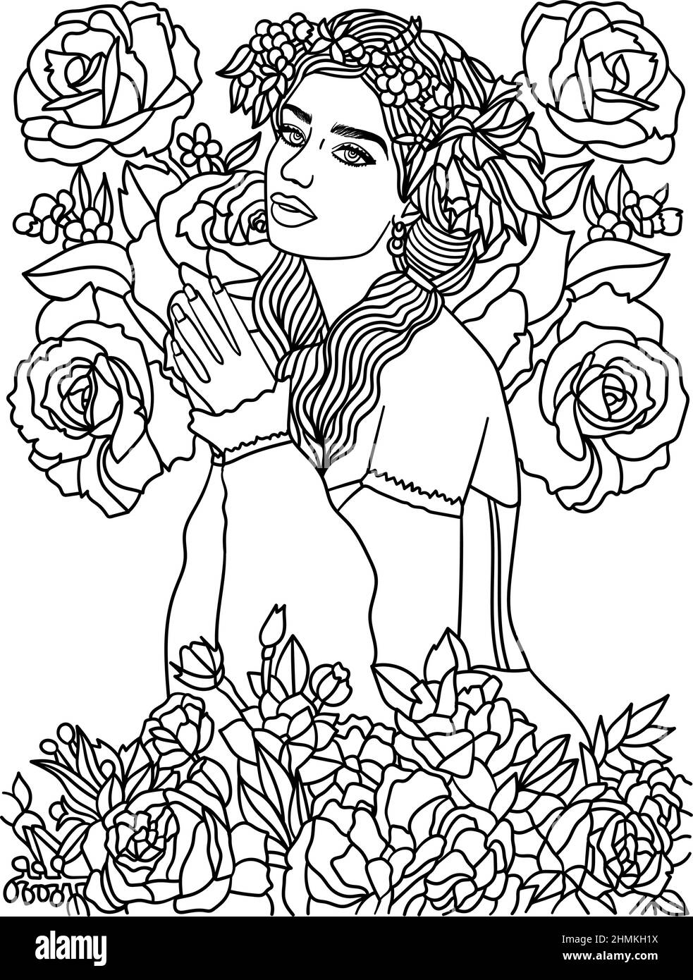 Flower Girl Coloring Page for Adults Stock Vector Image & Art   Alamy