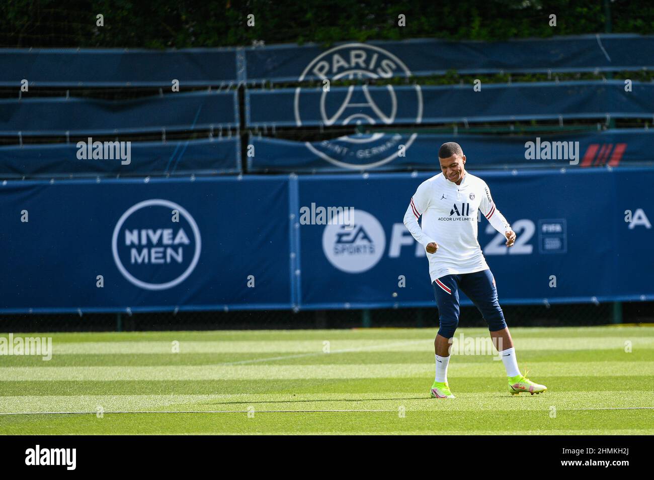Kylian Mbappe of PSG during a training session at the Camp des Loges Paris Saint-Germain football club's training ground in Saint-Germain-en-Laye, nea Stock Photo