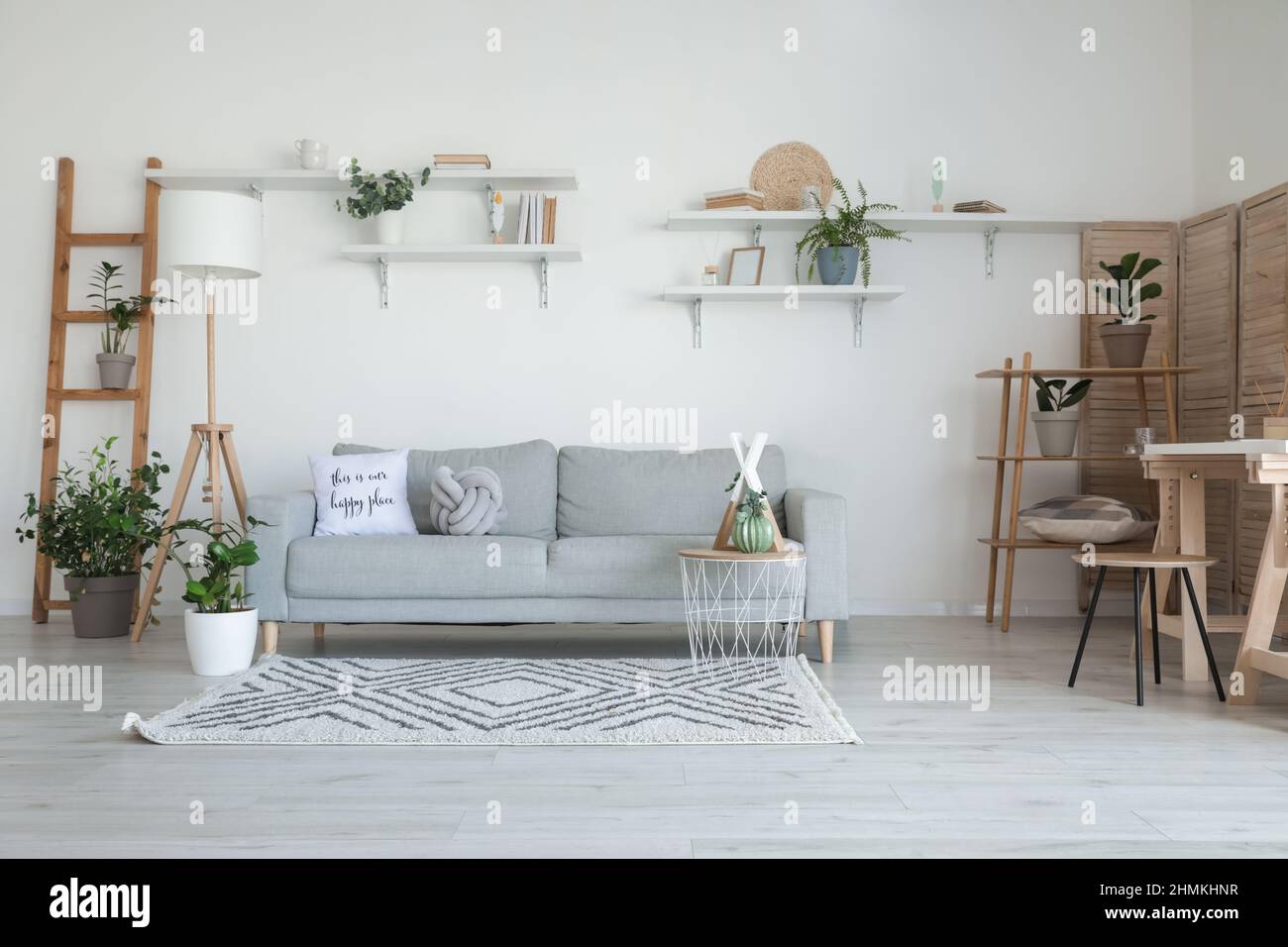 Stylish grey sofa in modern interior of living room Stock Photo - Alamy