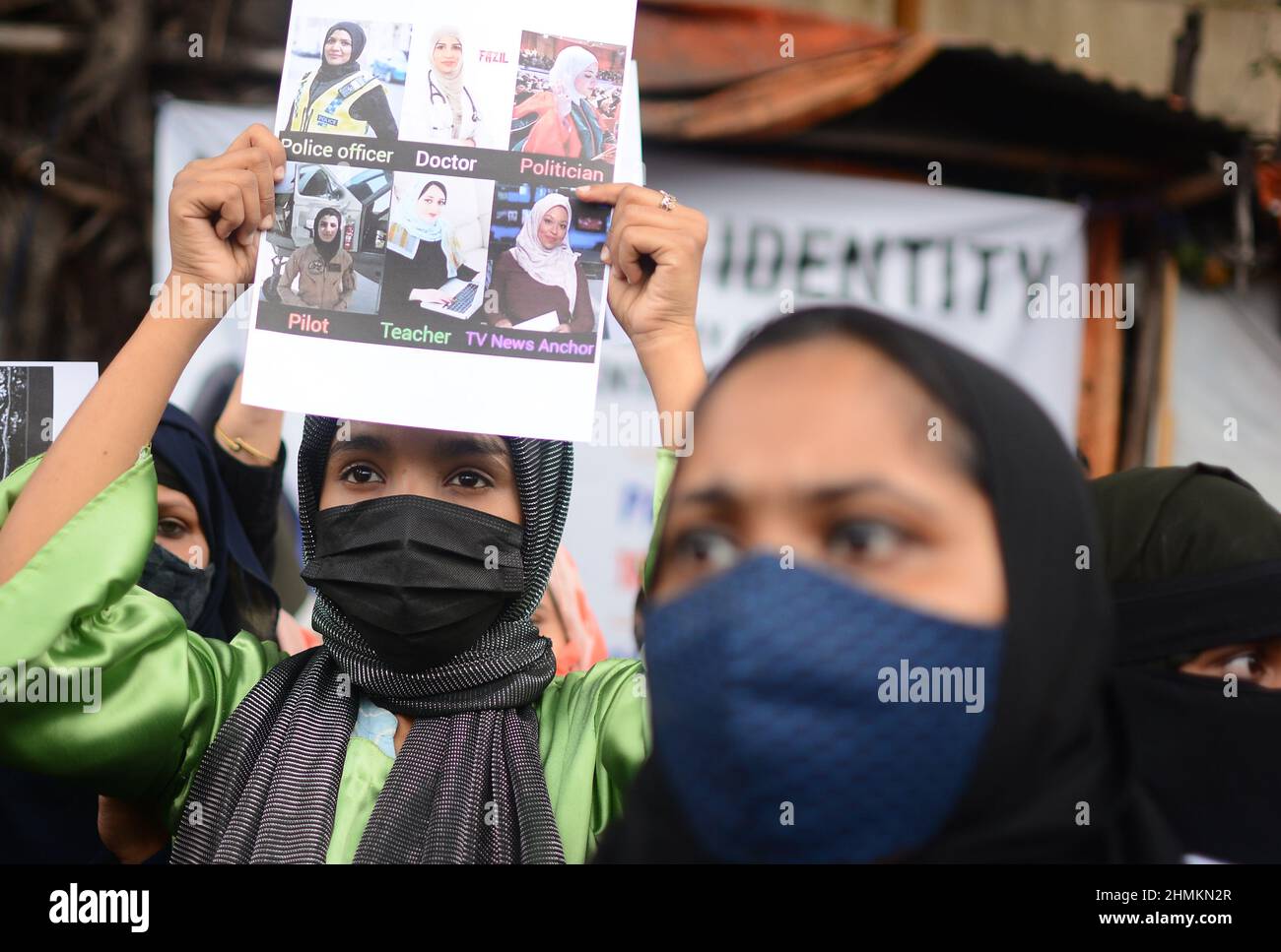 Kolkata India. 10th Feb 2022. Muslim women stand for protest