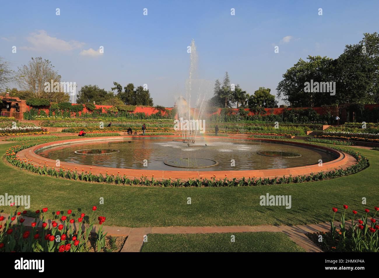 View of musical fountain with a small rainbow seen in it during the preview  for tourists in New Delhi.The Rashtrapati Bhawan (President Palace), Mughal  Garden reopens and it's on 15-acres of land