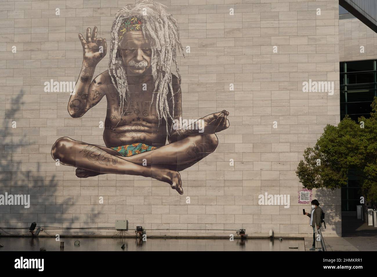 Santiago, Metropolitana, Chile. 10th Feb, 2022. A woman wearing a face mask records a mural with her cell phone in Santiago, Chile. (Credit Image: © Matias Basualdo/ZUMA Press Wire) Stock Photo