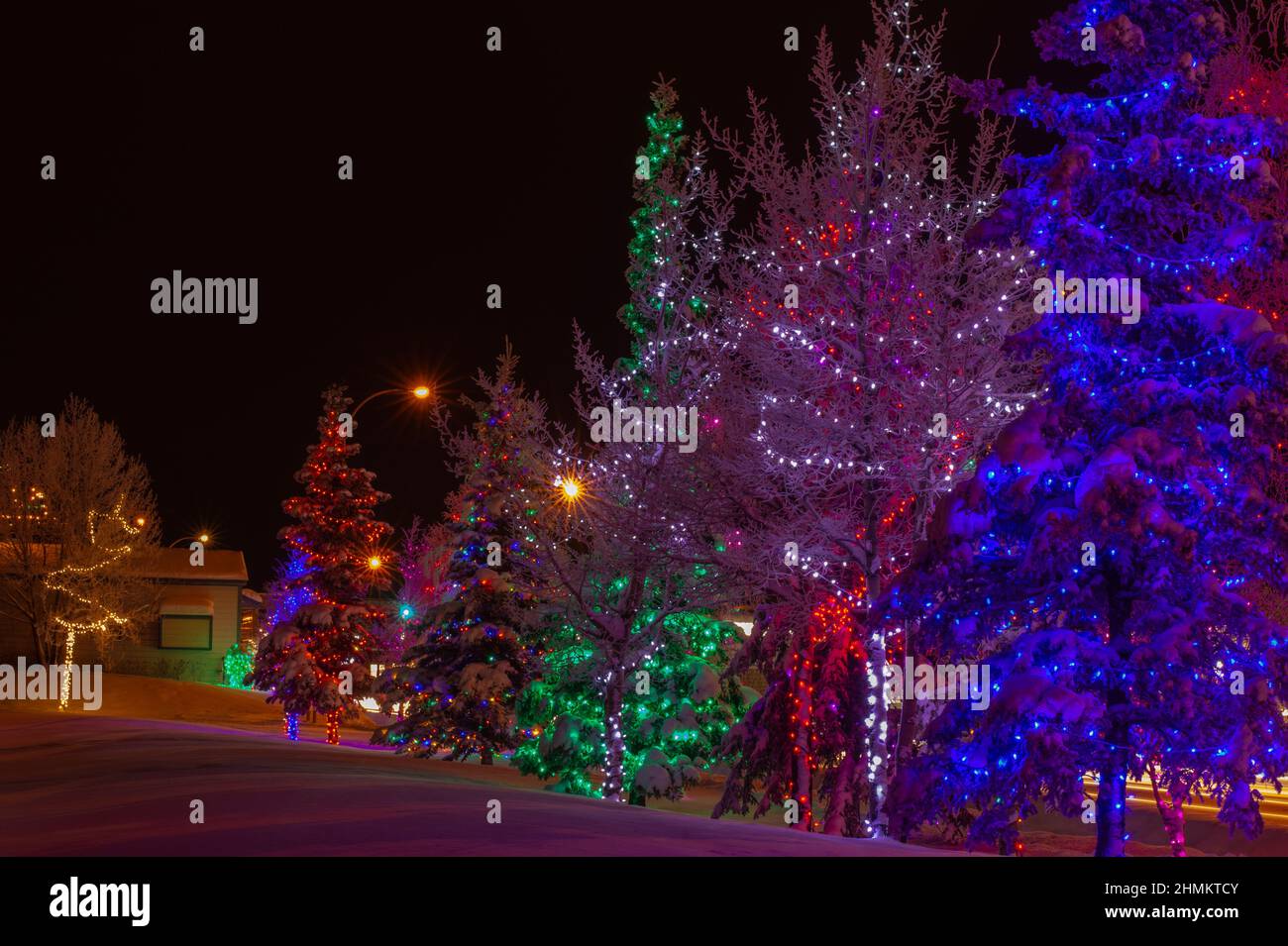 Christmas lights at Shipyards Park, Whitehorse, Yukon, Canada Stock