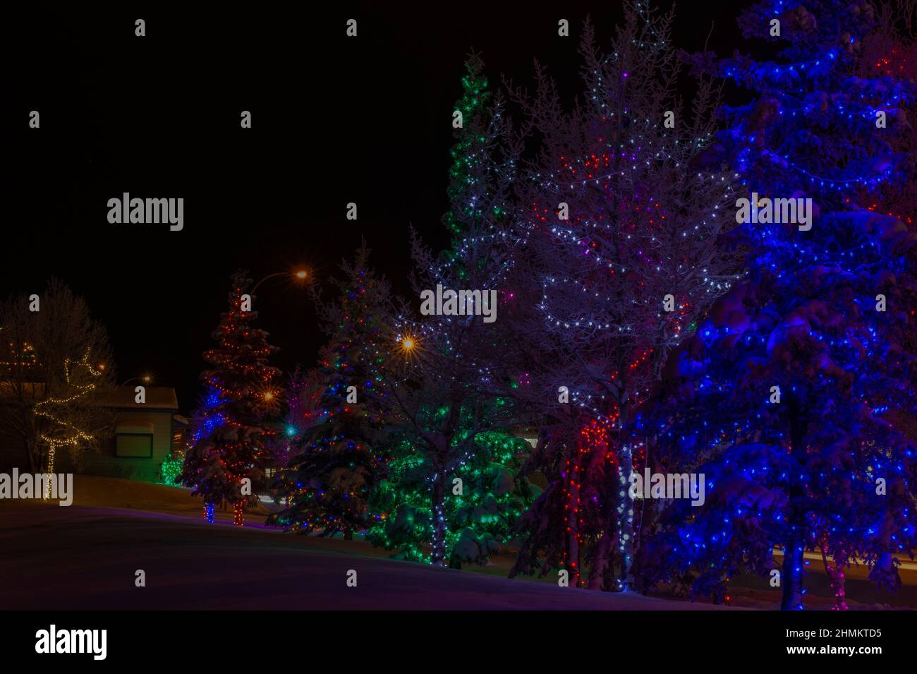 Christmas lights at Shipyards Park, Whitehorse, Yukon, Canada Stock