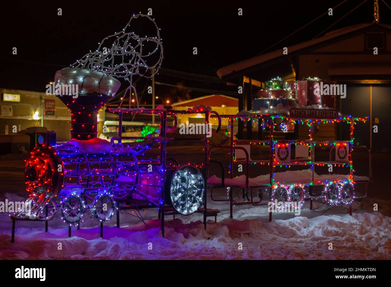 Christmas lights at Shipyards Park, Whitehorse, Yukon, Canada Stock