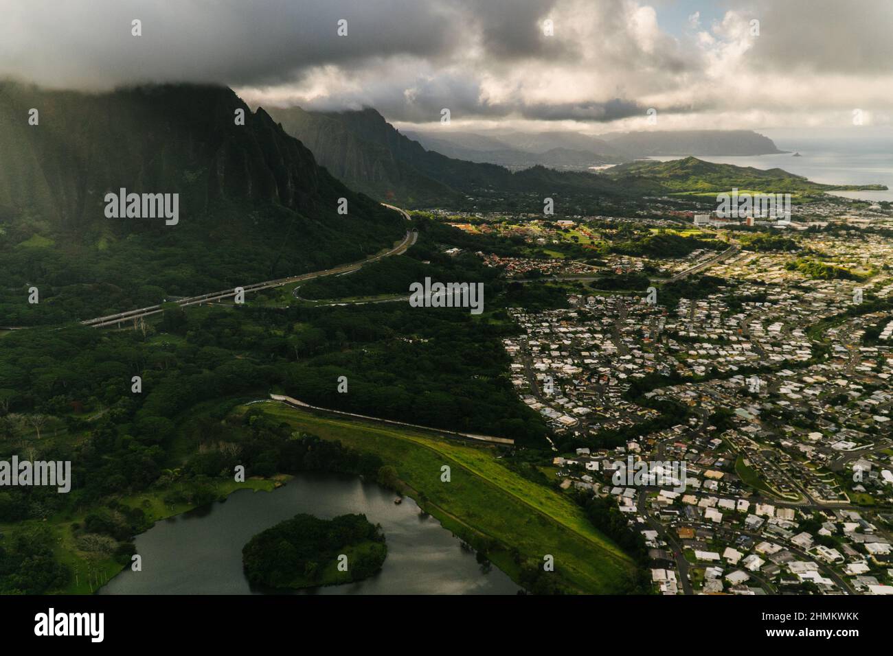 Areal view of Honolulu in Hawaii among beautiful mountains Stock Photo