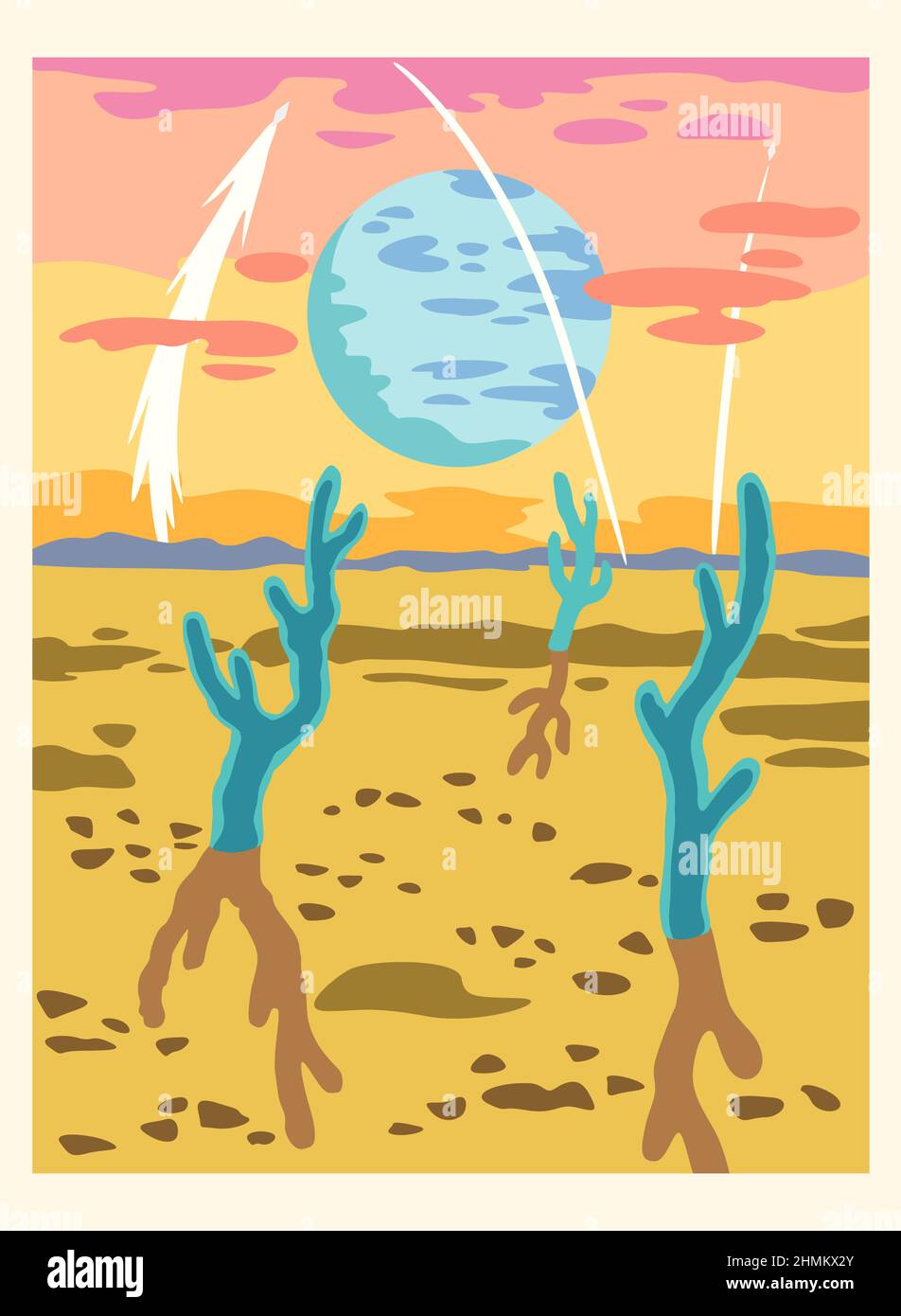 Fantasy cartoon landscape of alien planet in warm vibrant colors Stock ...