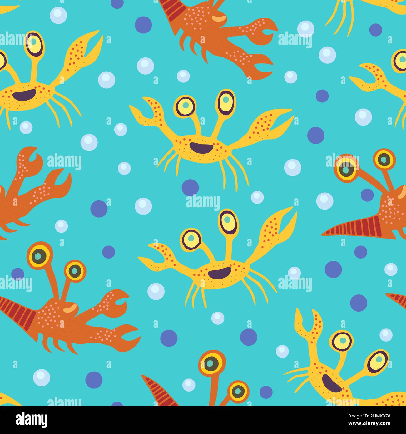 Cute seamless pattern with crabs.Cartoon doodle print with happy sea ...