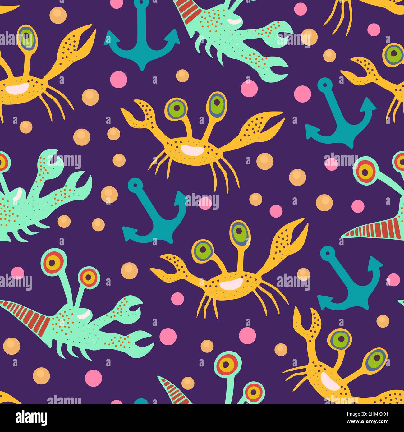 Cute seamless pattern with crabs.Cartoon doodle print with happy sea ...