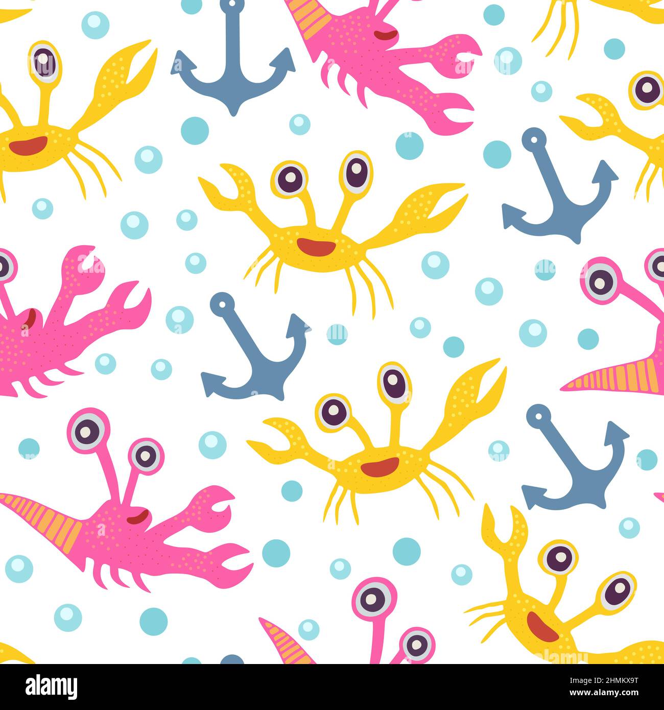 Cute seamless pattern with crabs.Cartoon doodle print with happy sea ...