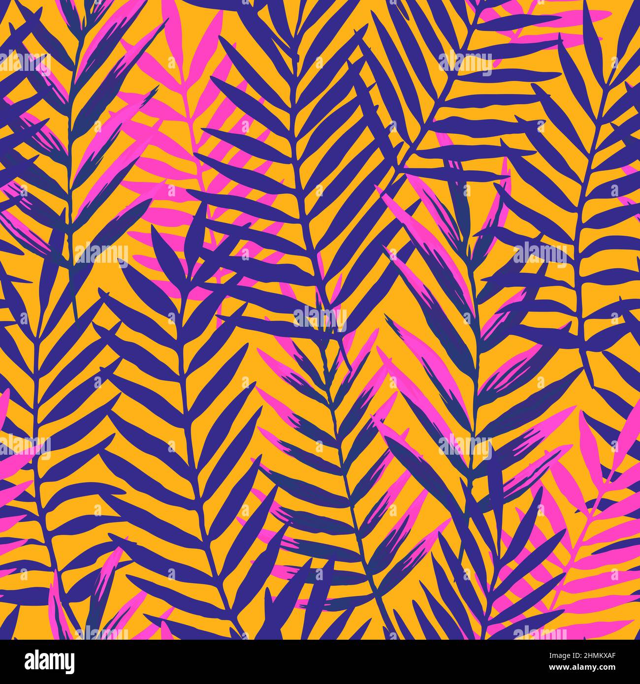 Seamless pattern with modern neon palm tropical leaves and plants for design and textile. Stock Vector