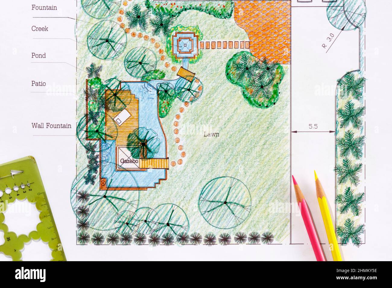 Landscape Architect design water garden plans for backyard Stock Photo ...