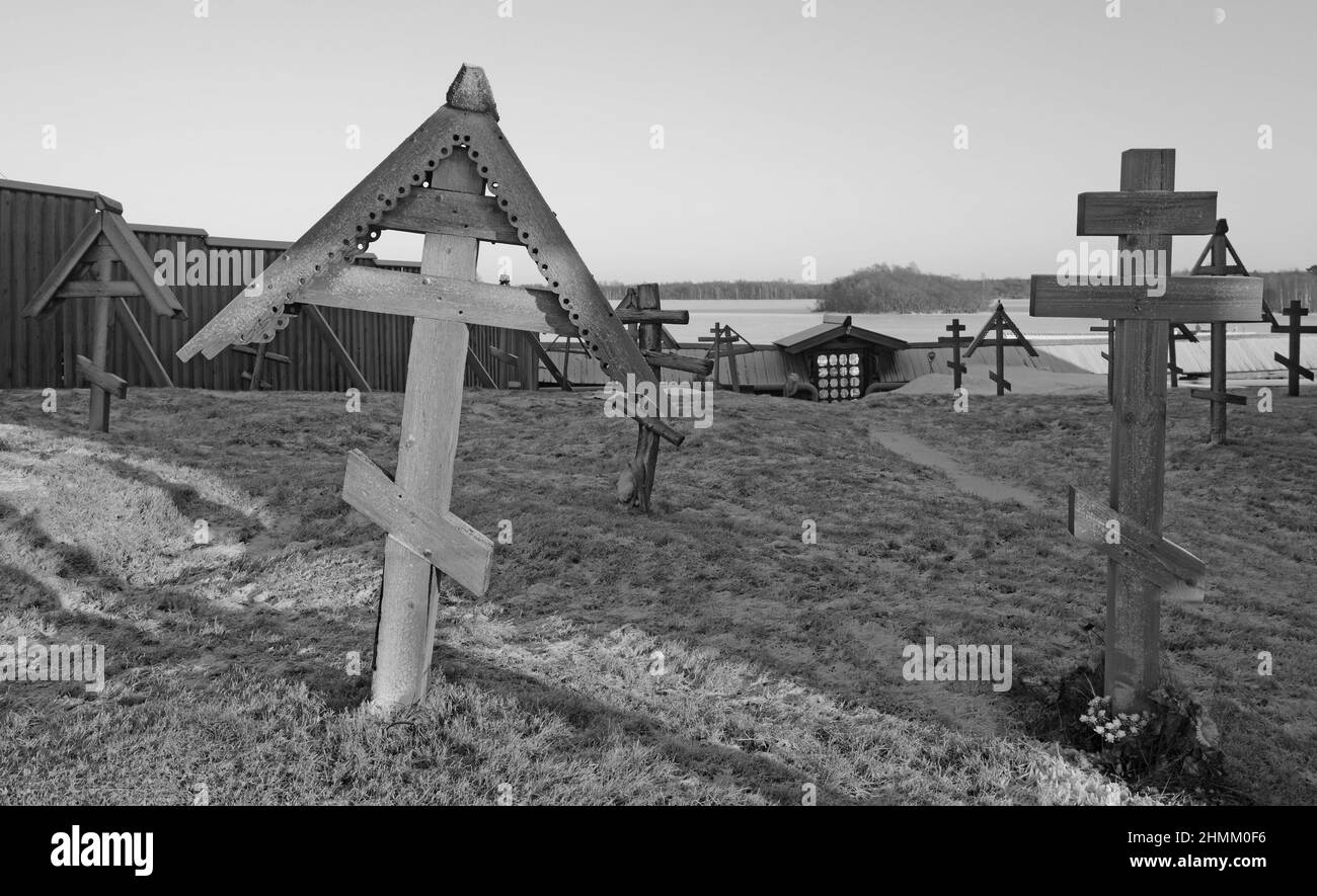 Historical Kizhi church grave-yard in Kizhi, UNESCO world heritage site, Onega lake, Karelia Republic Stock Photo