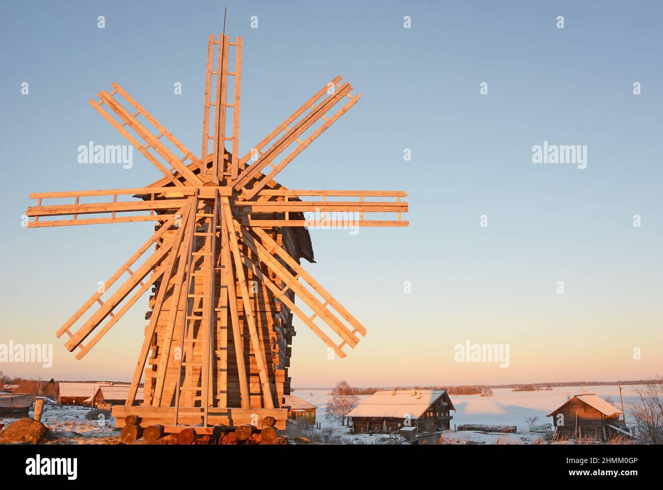 Old wooden windmill, Kizhi Island, Karelia Stock Photo