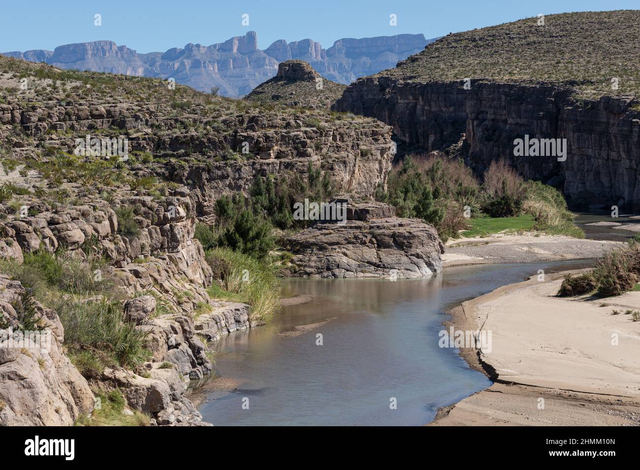 The Rio Grande meanders through the limestone walls of Hot Springs Canyon in Big Bend National Park. Stock Photo