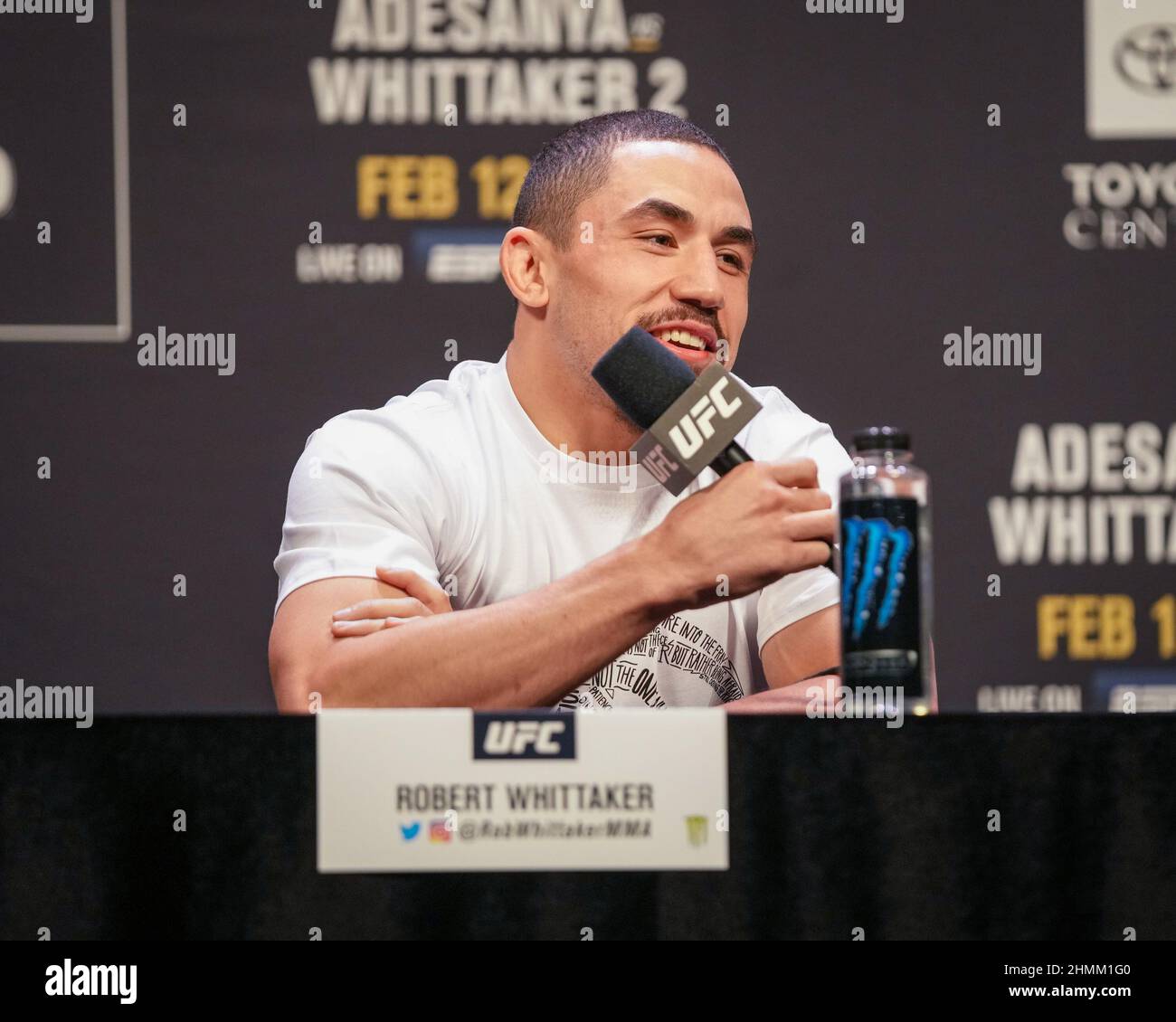 HOUSTON, TX - February 10: Robert Whittaker at meets with the press and the fans for questions leading up to the fight this weekend Toyota Center for UFC 271: Adesanya vs. Whittaker 2 - Press Conference on February 10, 2022 in Houston, Texas, United States. (Photo by Louis Grasse/PxImages) Stock Photo