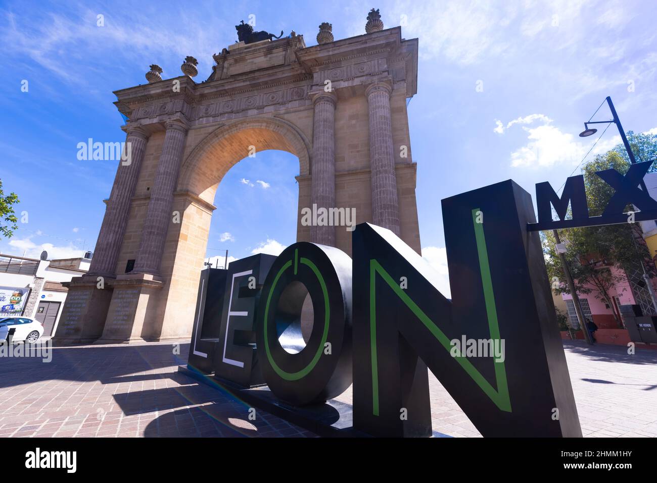 Leon, Mexico, 14 October, 2021: Leon landmark tourist attraction, monument Triumphal Arch of the City of Leon near historic city center Stock Photo