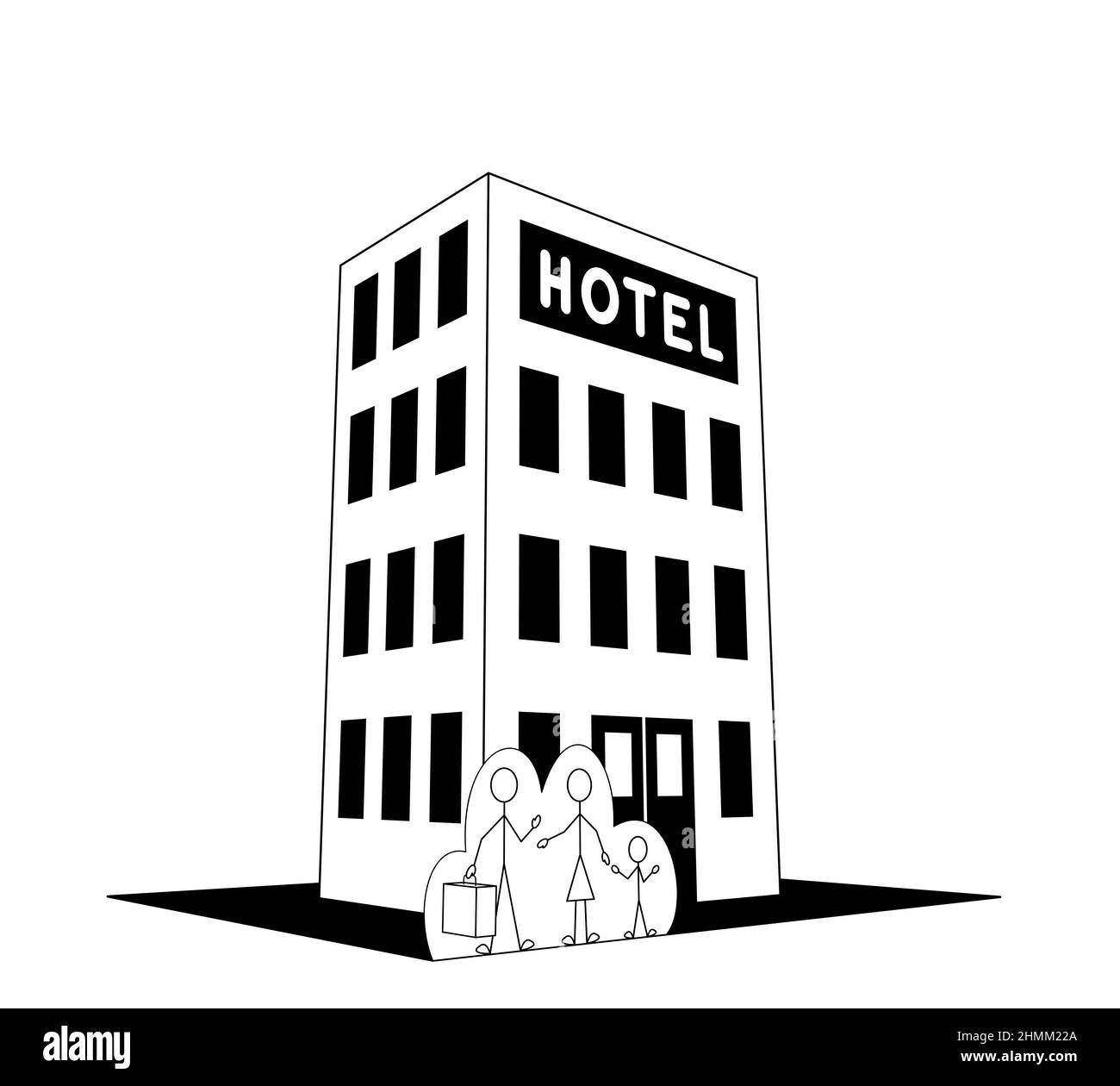 family of three arriving at the hotel, man with suitcase, woman and child. vacation travel conceptual illustration using stick figures Stock Photo