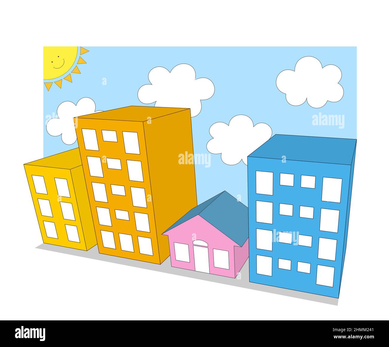 cartoon 3d city with a house between two buildings, sunny day. perspective view illustration Stock Photo