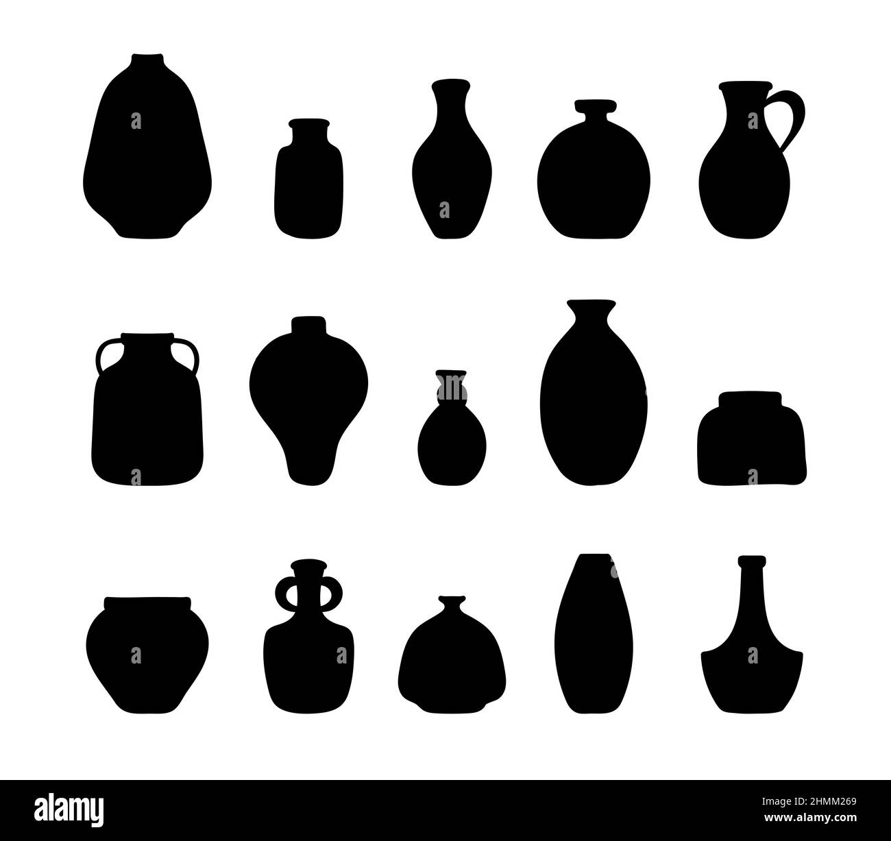 Boho vases set. Abstract silhouette of ceramic pots and clay jugs in black color. Modern home decor. Various forms. Hand drawn doodle vector Stock Vector