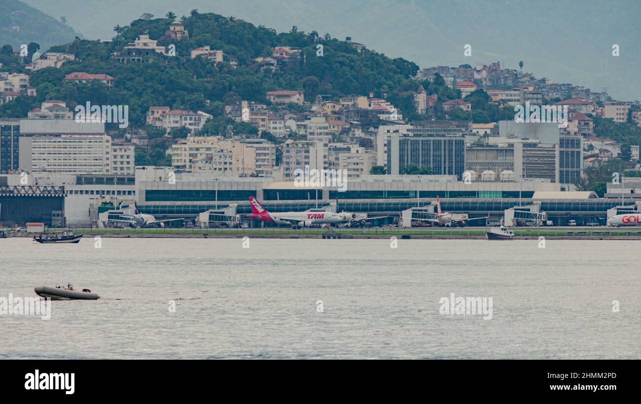 Rio de Janeiro, Brazil - CIRCA 2020: Brazilian commercial airliner taxiing on the runway of Santos Dumont national airport Stock Photo