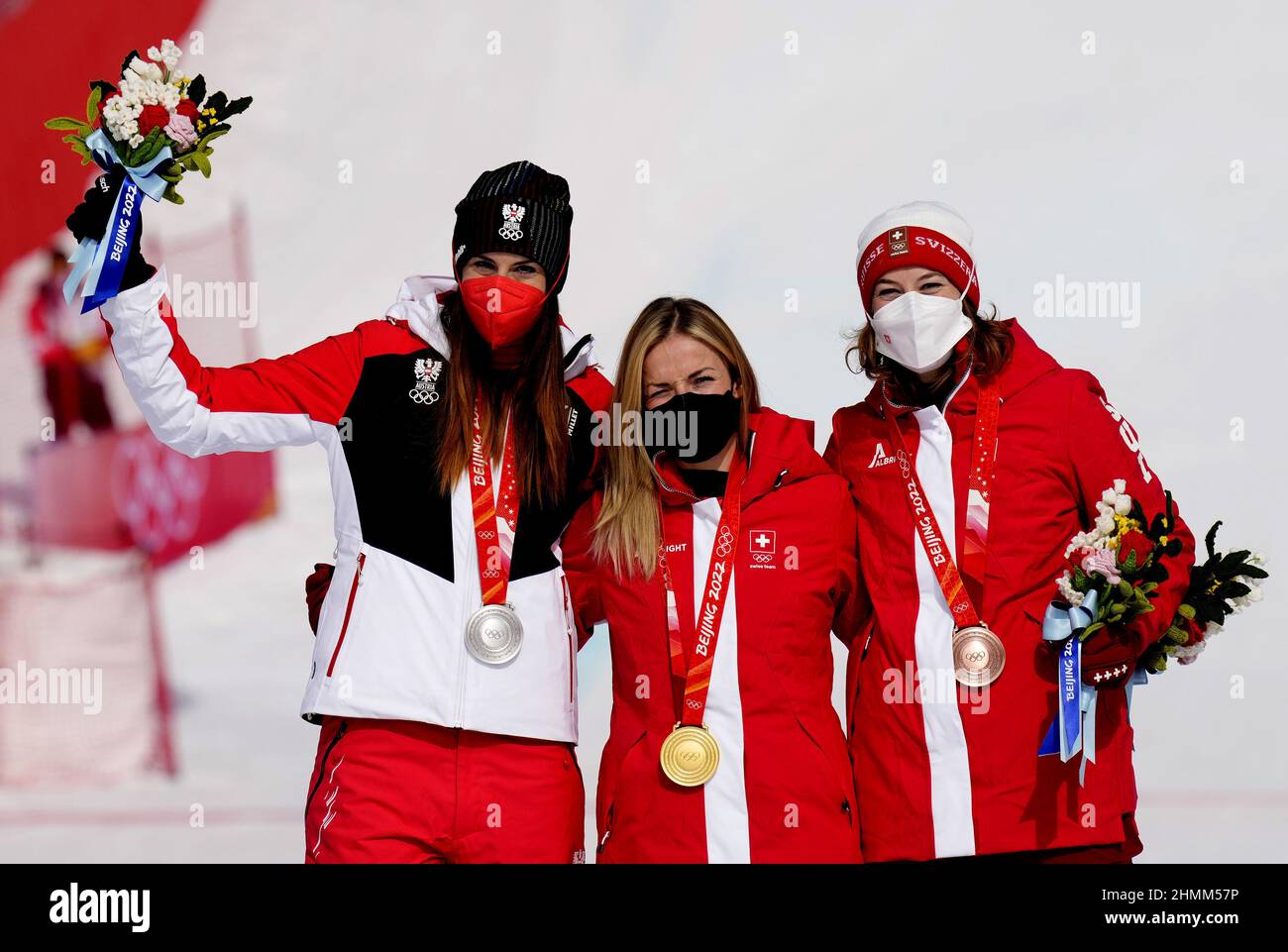 Beijing, China. 11th Feb, 2022. The medalists in the women's Super-G event (L-R) Mirjam Puchner, Austria, silver; Lara Gut-Behrami, Switzerland, gold and Michelle Gisin, Switzerland, bronze pose on the podium at the Winter Olympics in Beijing on Friday February 11, 2022. Photo by Rick T. Wilking/UPI Credit: UPI/Alamy Live News Stock Photo