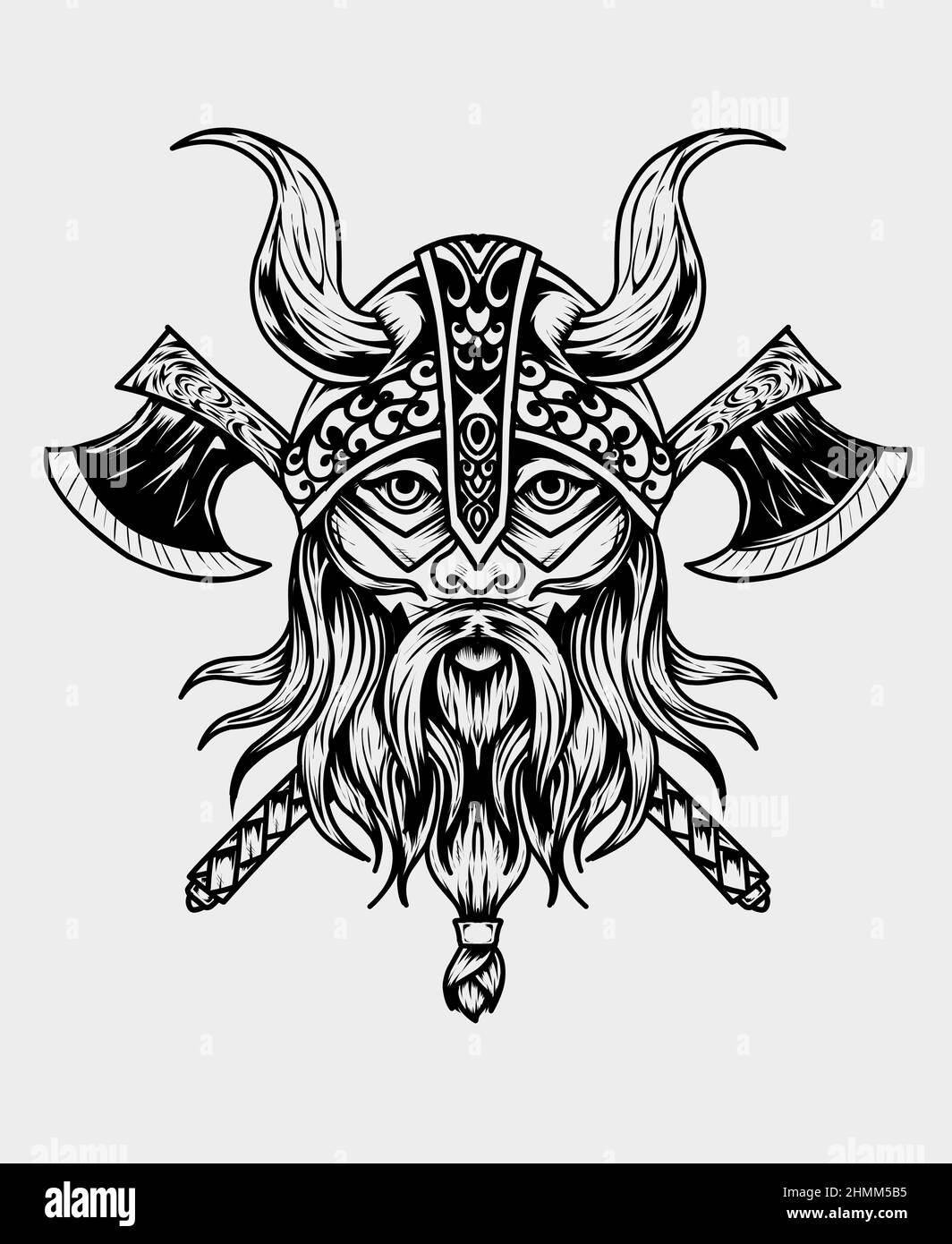 illustration viking head with two axe on white background Stock Vector