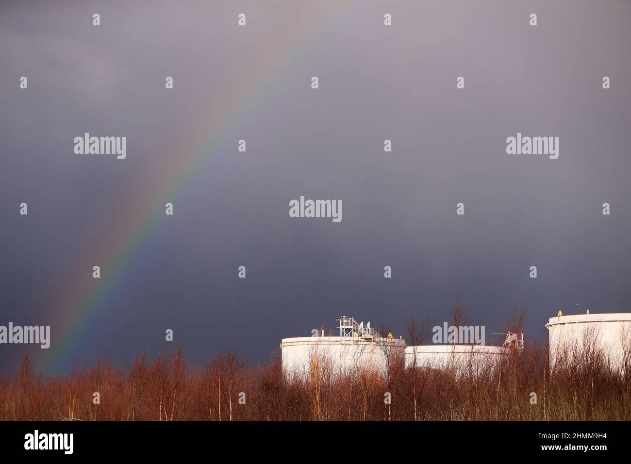 Natural gas storage facilities at Belfast harbour, Northern Ireland.  The gas is imported for domestic and business use. Stock Photo