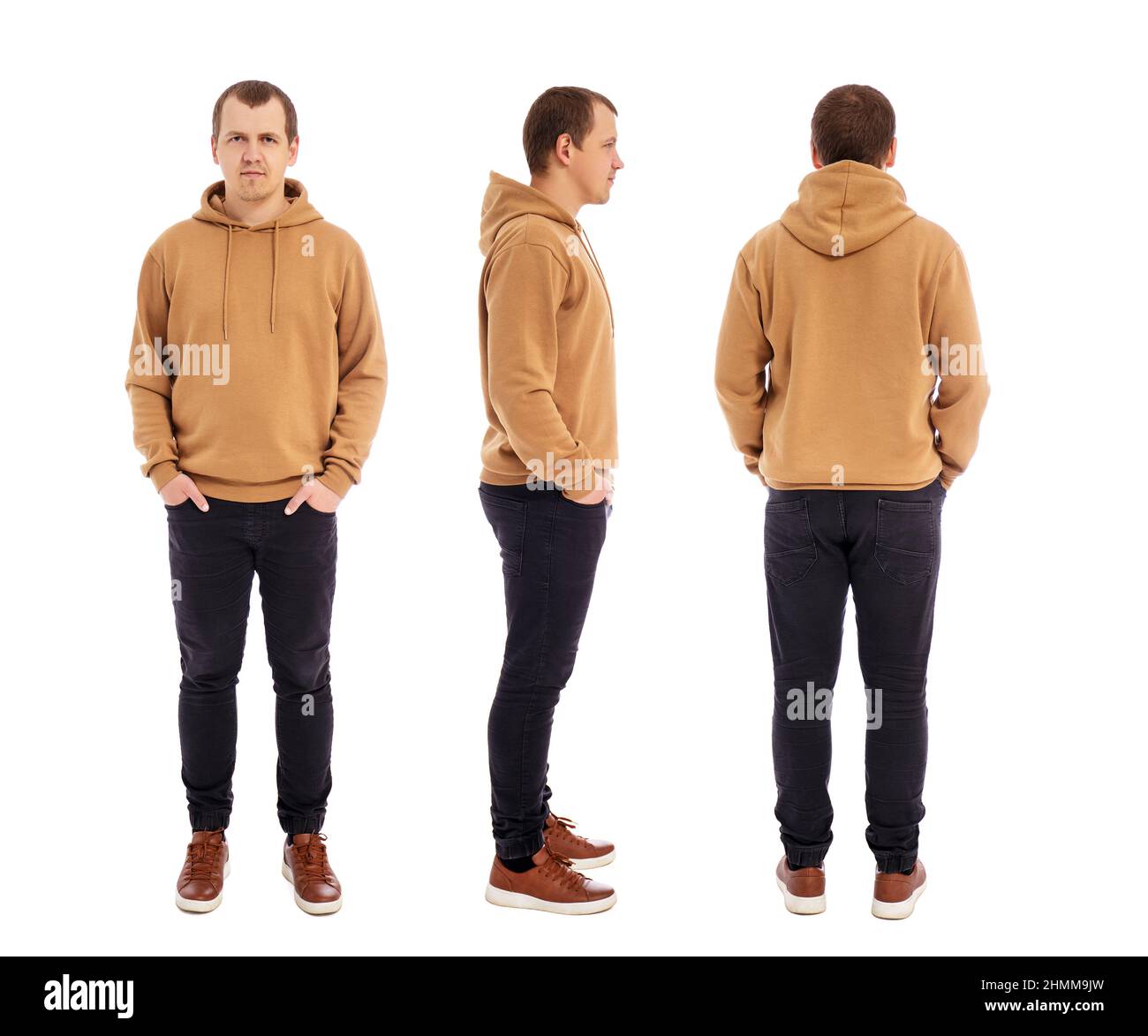 front, side and back view of handsome man in beige hoodie isolated on