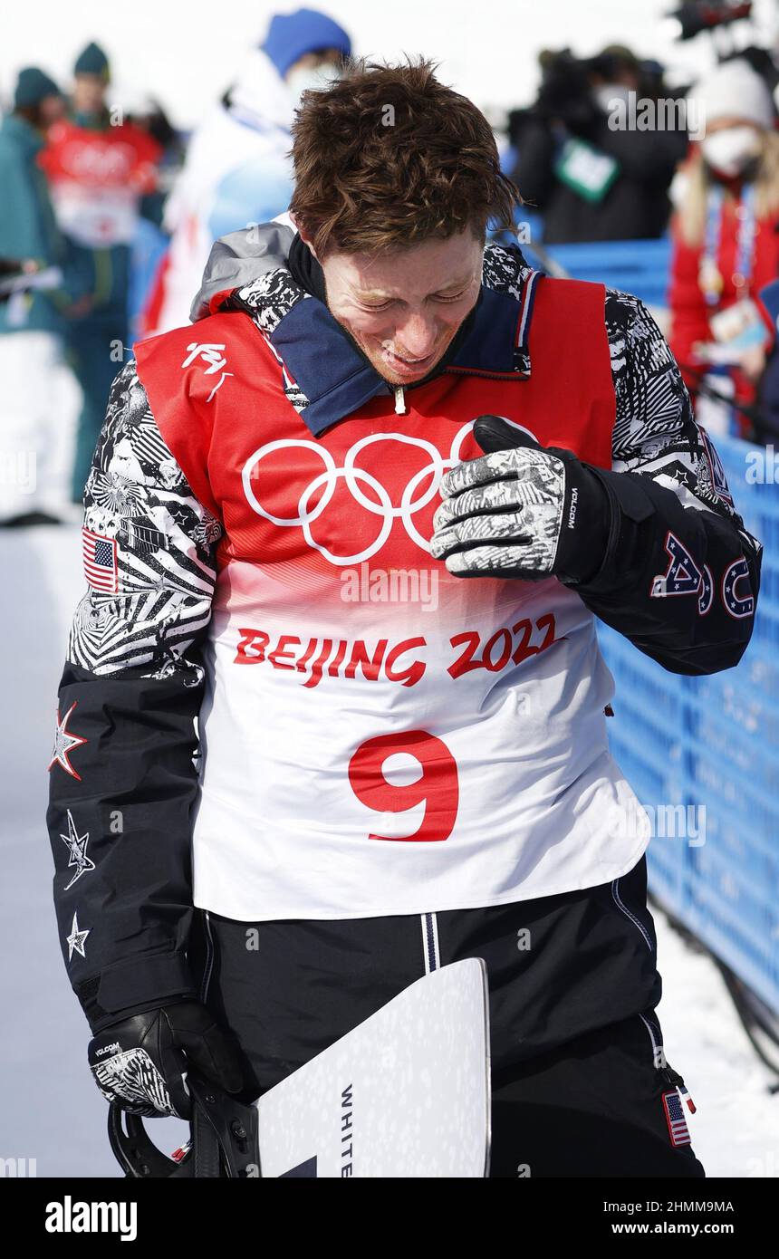 Shaun White of the United States gets emotional after competing in the
