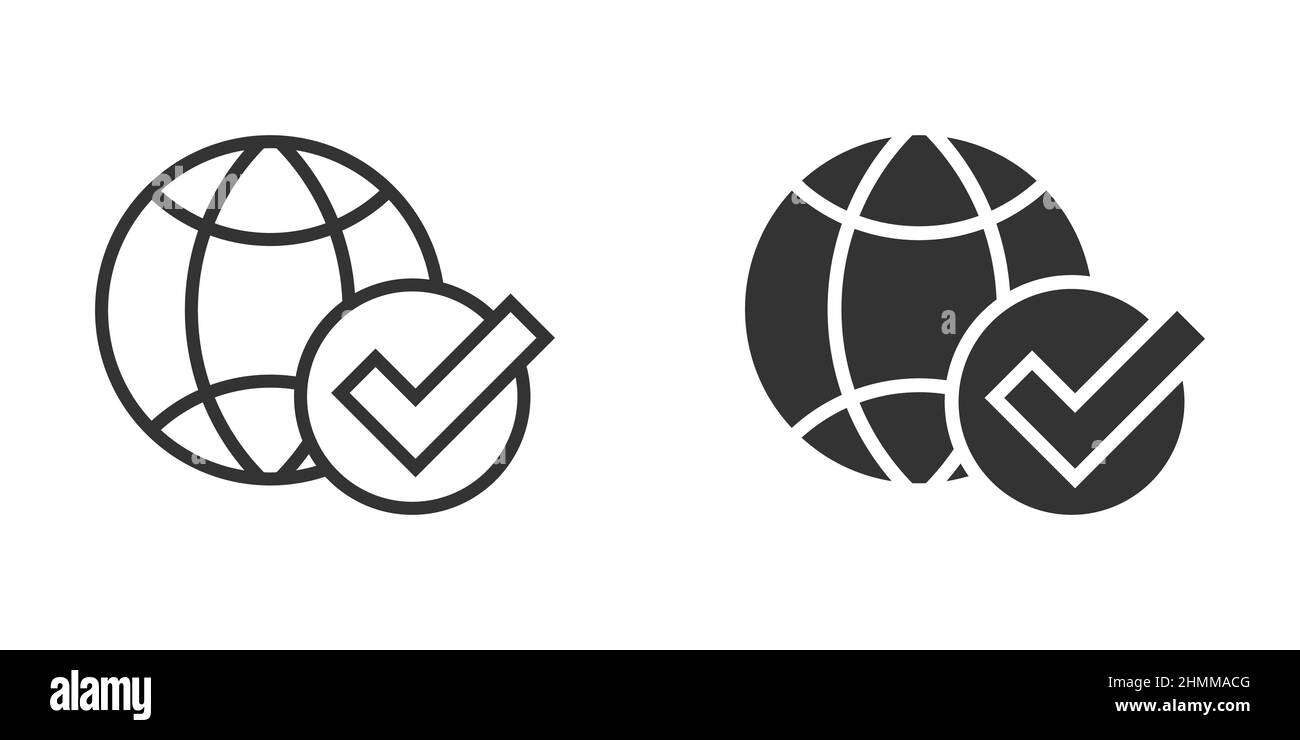 Globe check mark icon in flat style. World approval vector illustration ...
