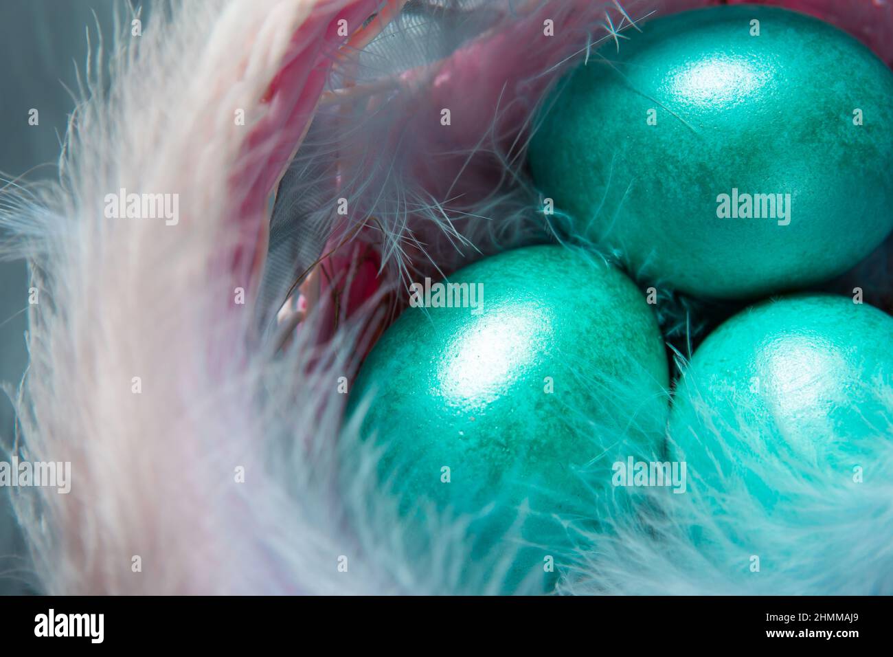 Colorful painted marble shiny Easter eggs in a basket with delicate feathers close-up. Nest with straw - Easter decoration on the table Stock Photo