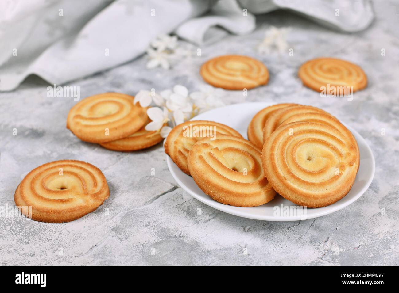 Round ring shaped spritz biscuits, a type of German butter cookies made